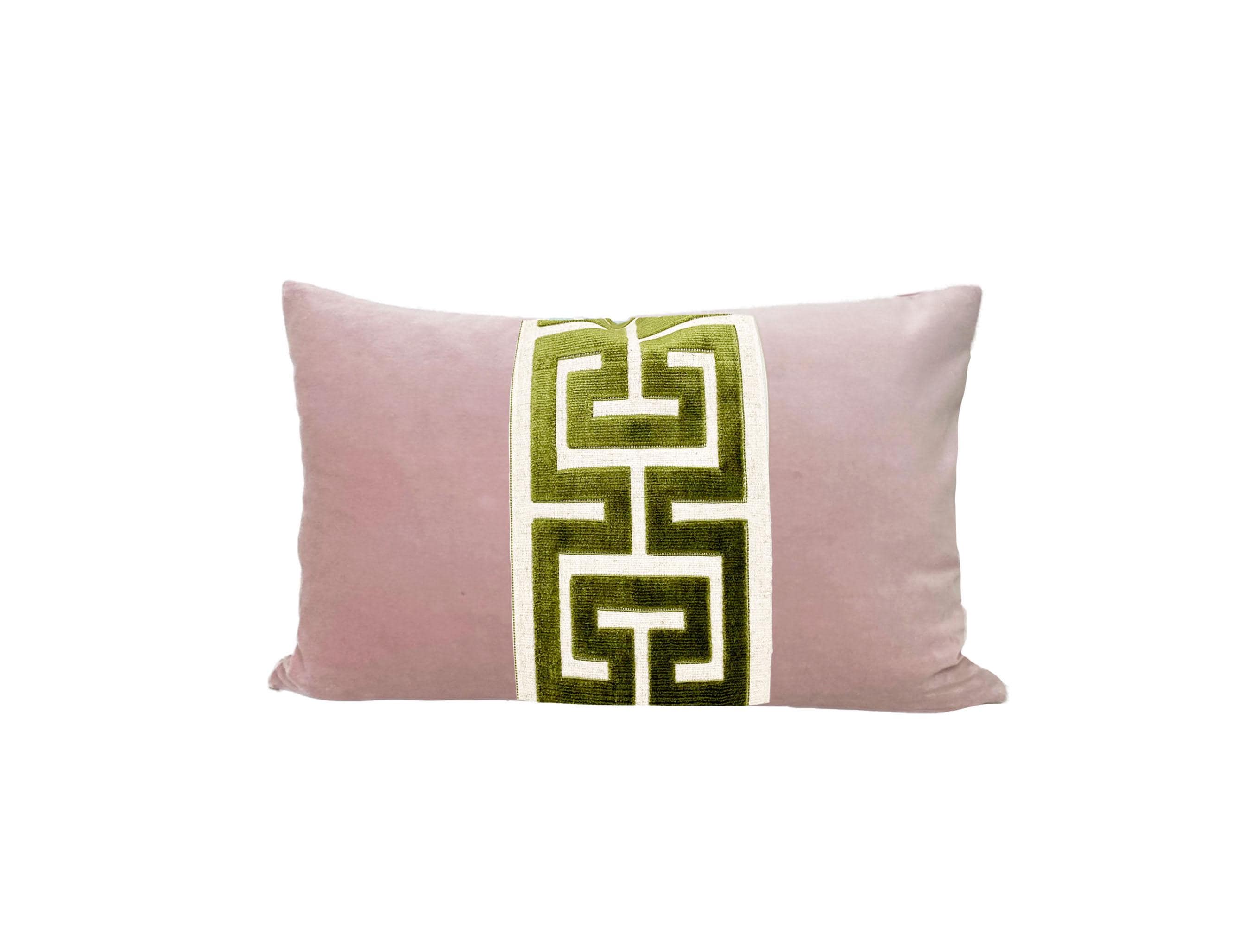 Light Pink Velvet Lumbar Pillow Cover with Large GREEN Greek Key Trim