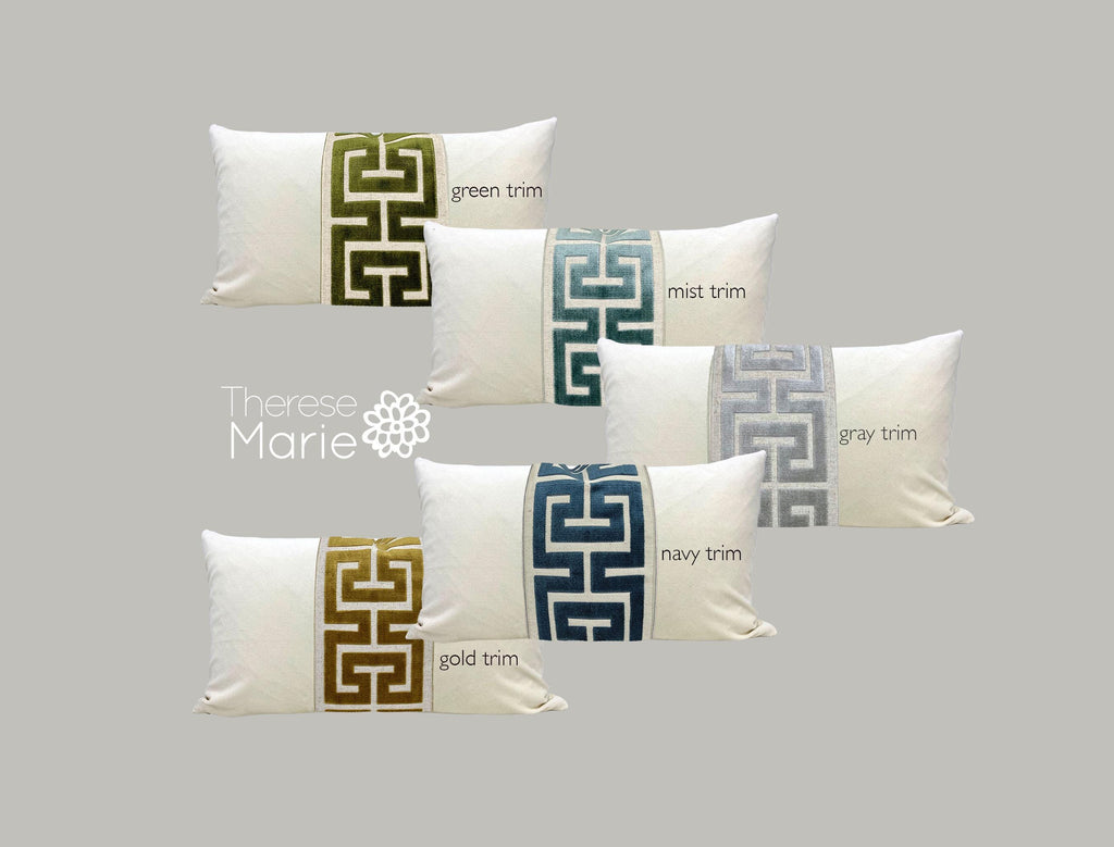 Off White Velvet Lumbar Pillow Cover with Large Greek Key Trim - SELECT TRIM COLOR