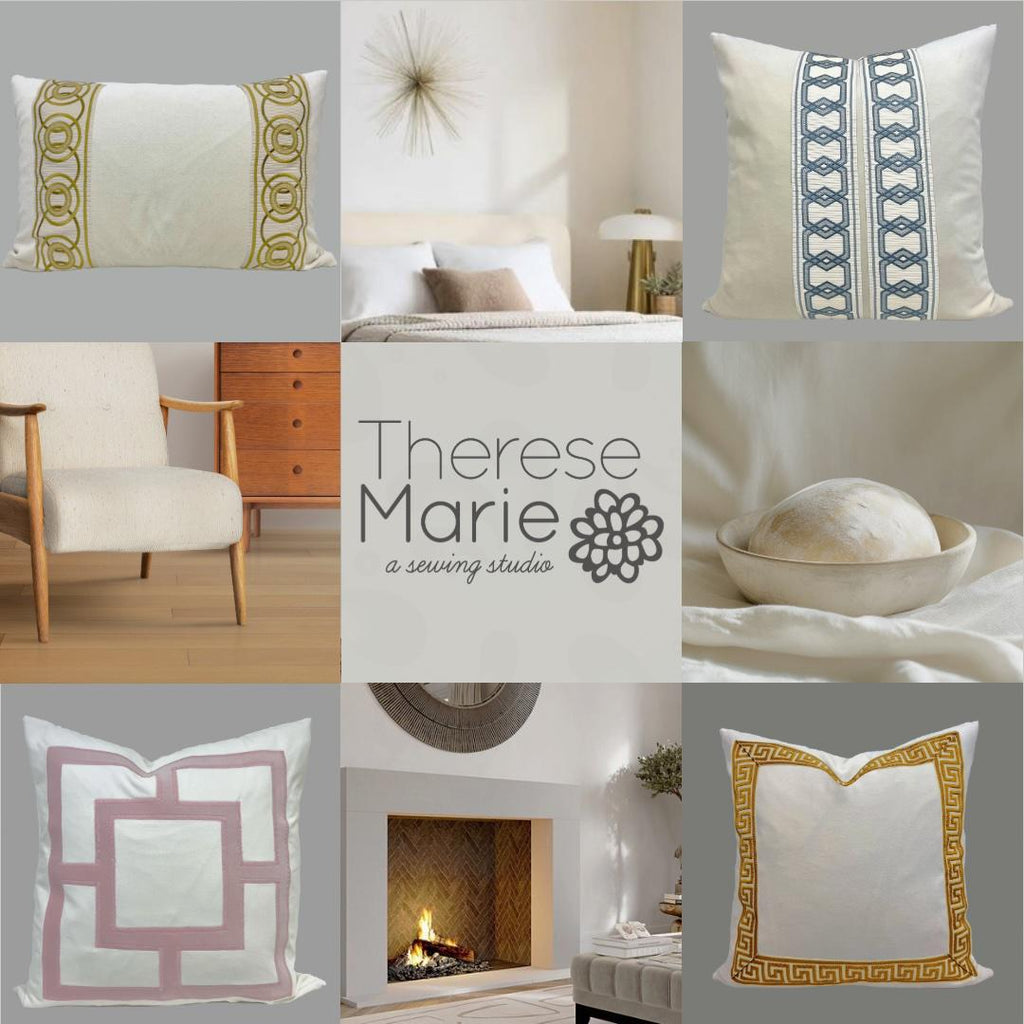 Off White Velvet Lumbar Pillow Cover with Large GRAY Greek Key Trim