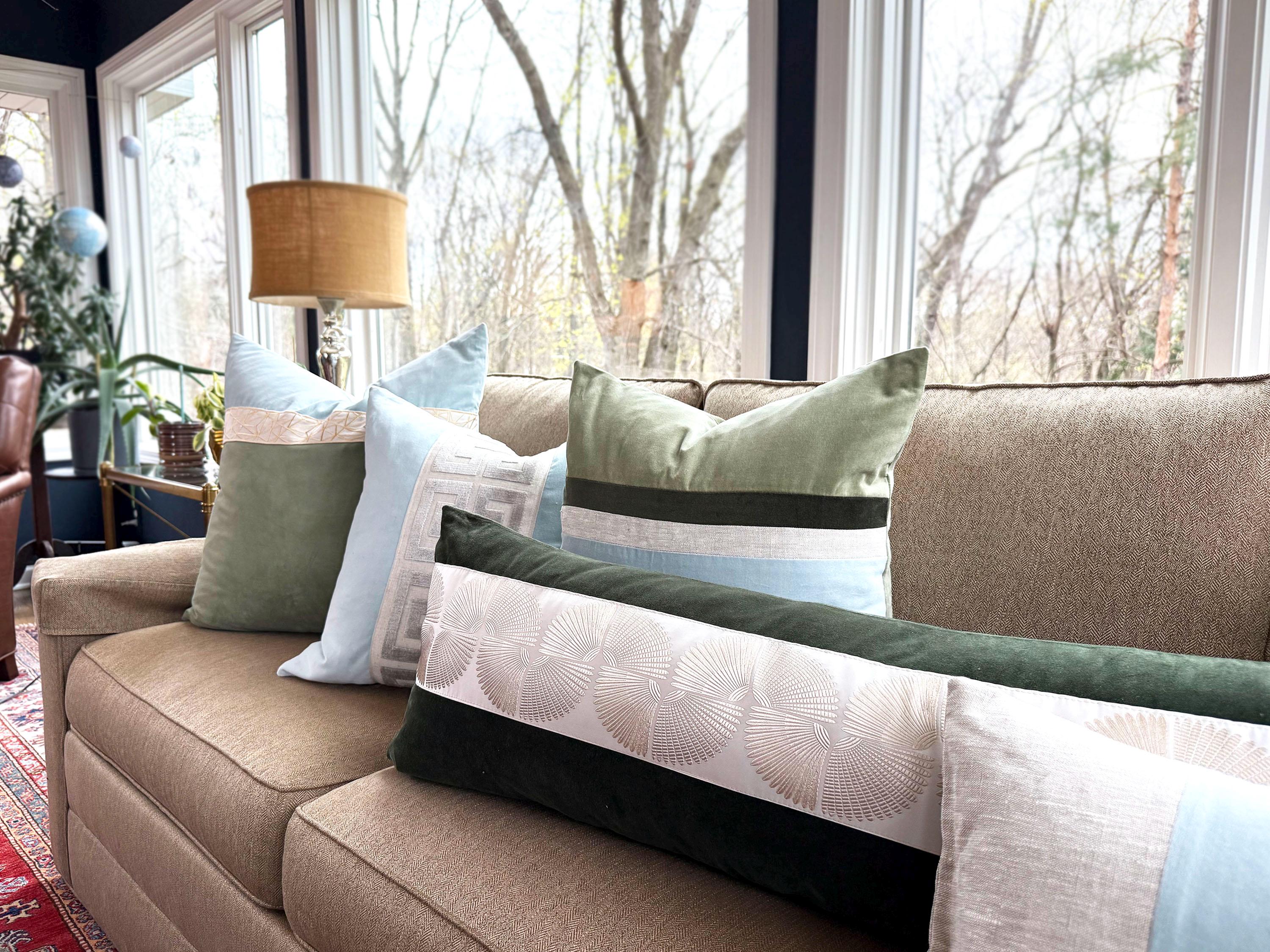 Moss Green Pillow Cover with Off White Appliqué