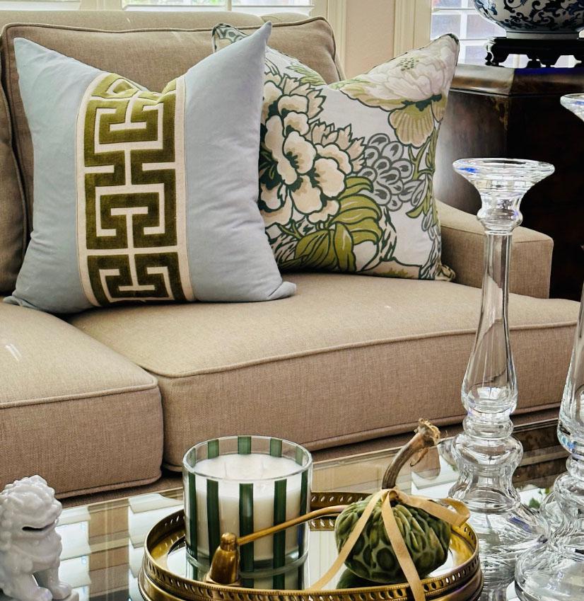 Aqua Mist Velvet Lumbar Pillow Cover with Large Greek Key Trim - SELECT TRIM COLOR