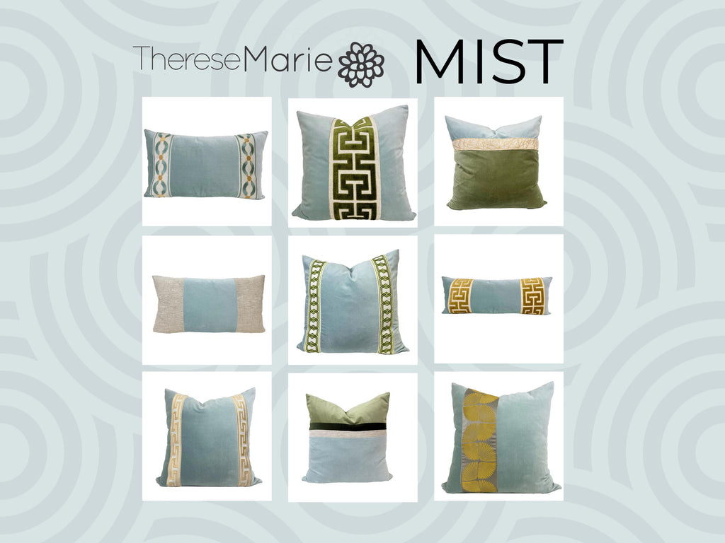 Aqua Mist Velvet Lumbar Pillow Cover with Large Navy Greek Key Trim