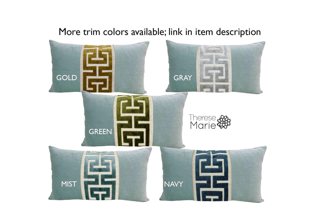 Aqua Mist Velvet Lumbar Pillow Cover with Large Green Greek Key Trim