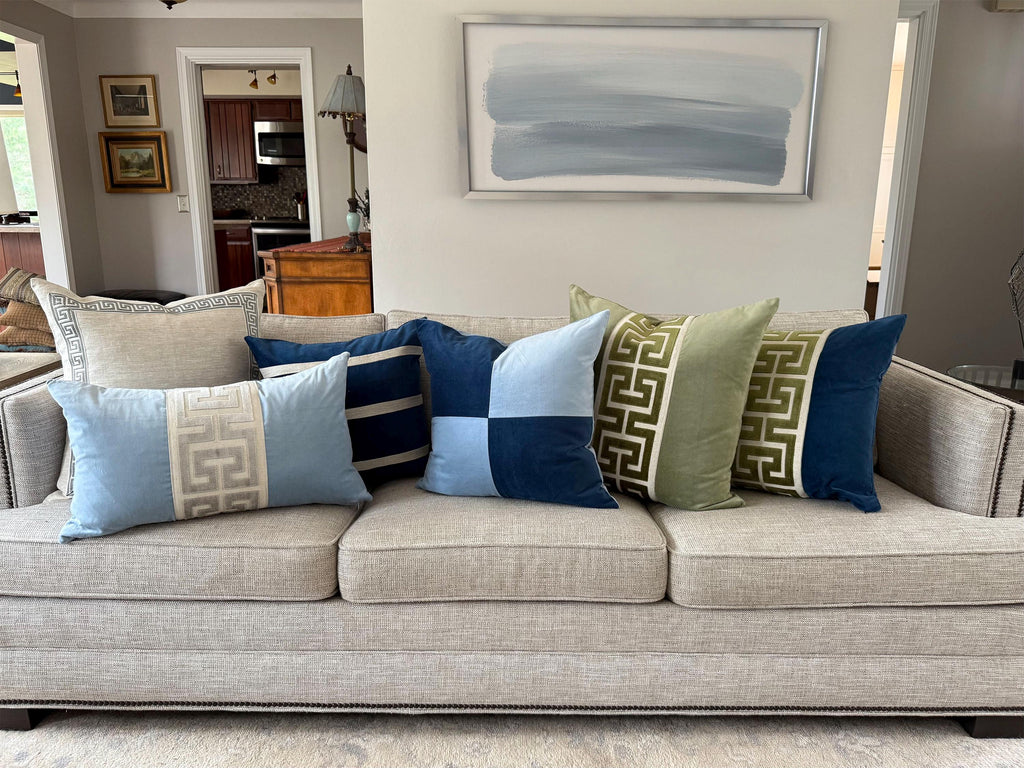 Light Blue Velvet Pillow Cover with Large GREEN Greek Key Trim