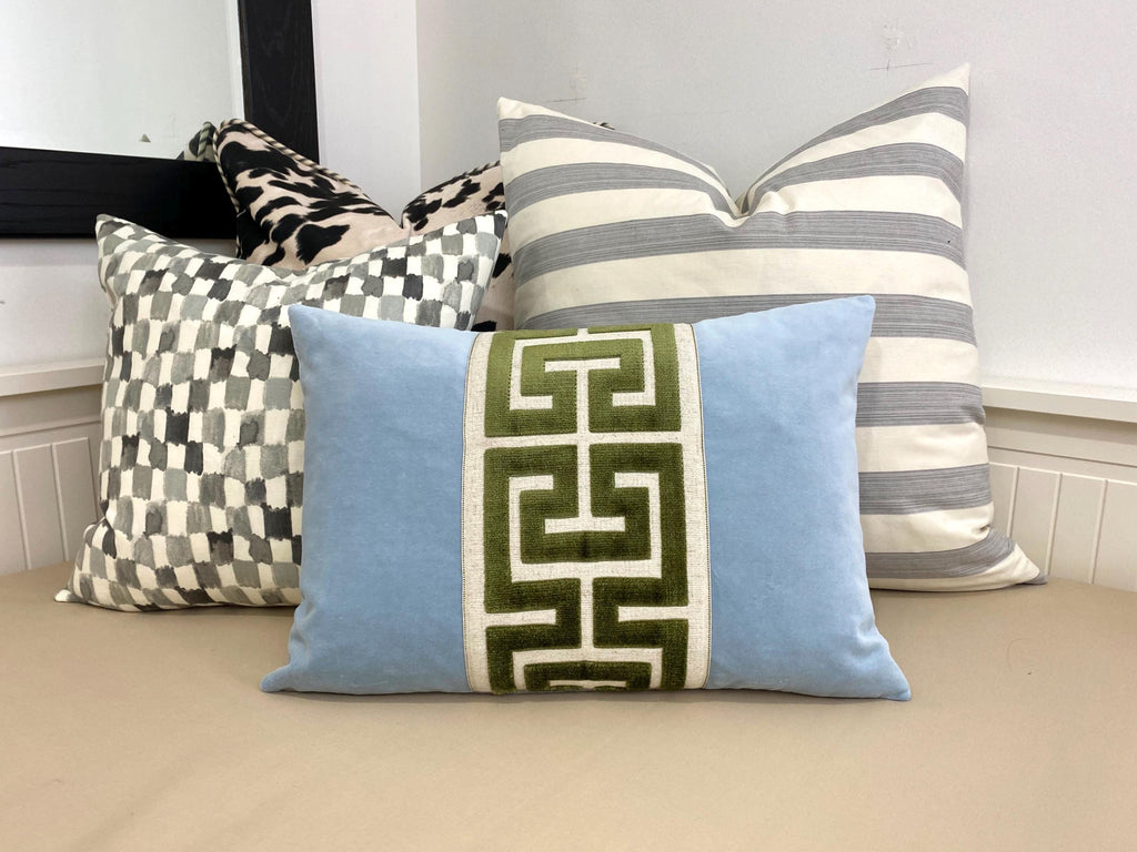 Light Blue Velvet Pillow Cover with Large GREEN Greek Key Trim
