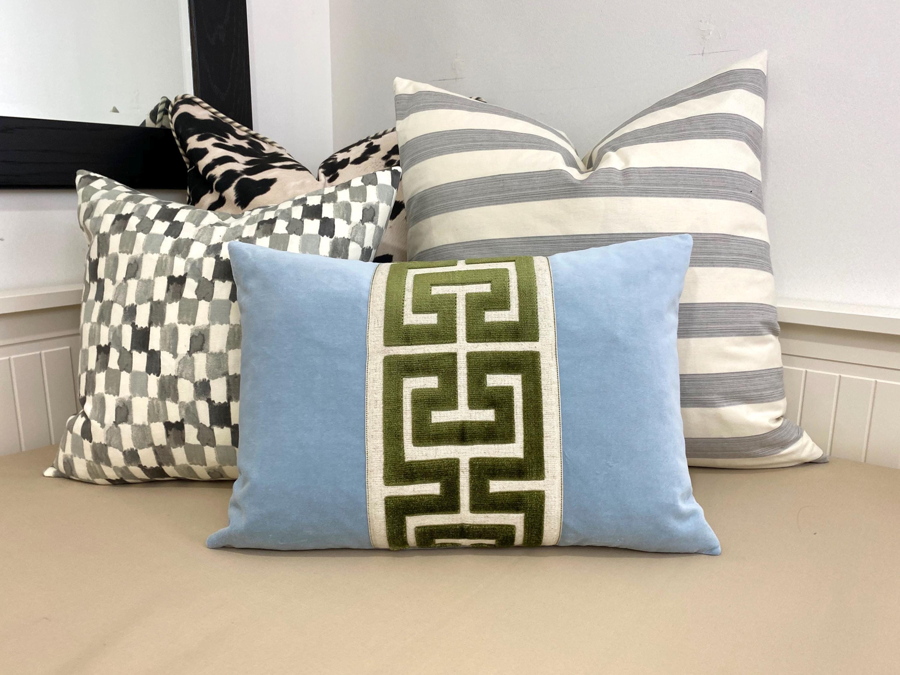 Light Blue Velvet Pillow Cover with Large GREEN Greek Key Trim