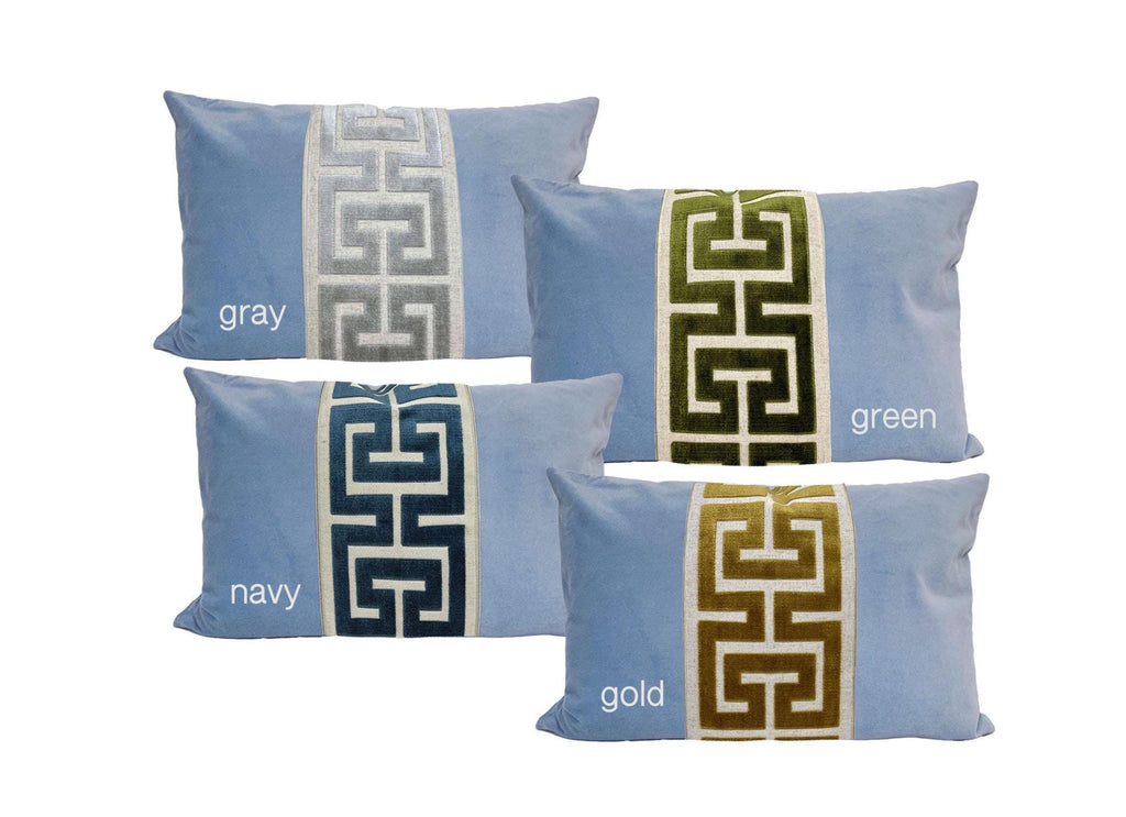 Light Blue Velvet Pillow Cover with Large Greek Key Trim - SELECT TRIM COLOR