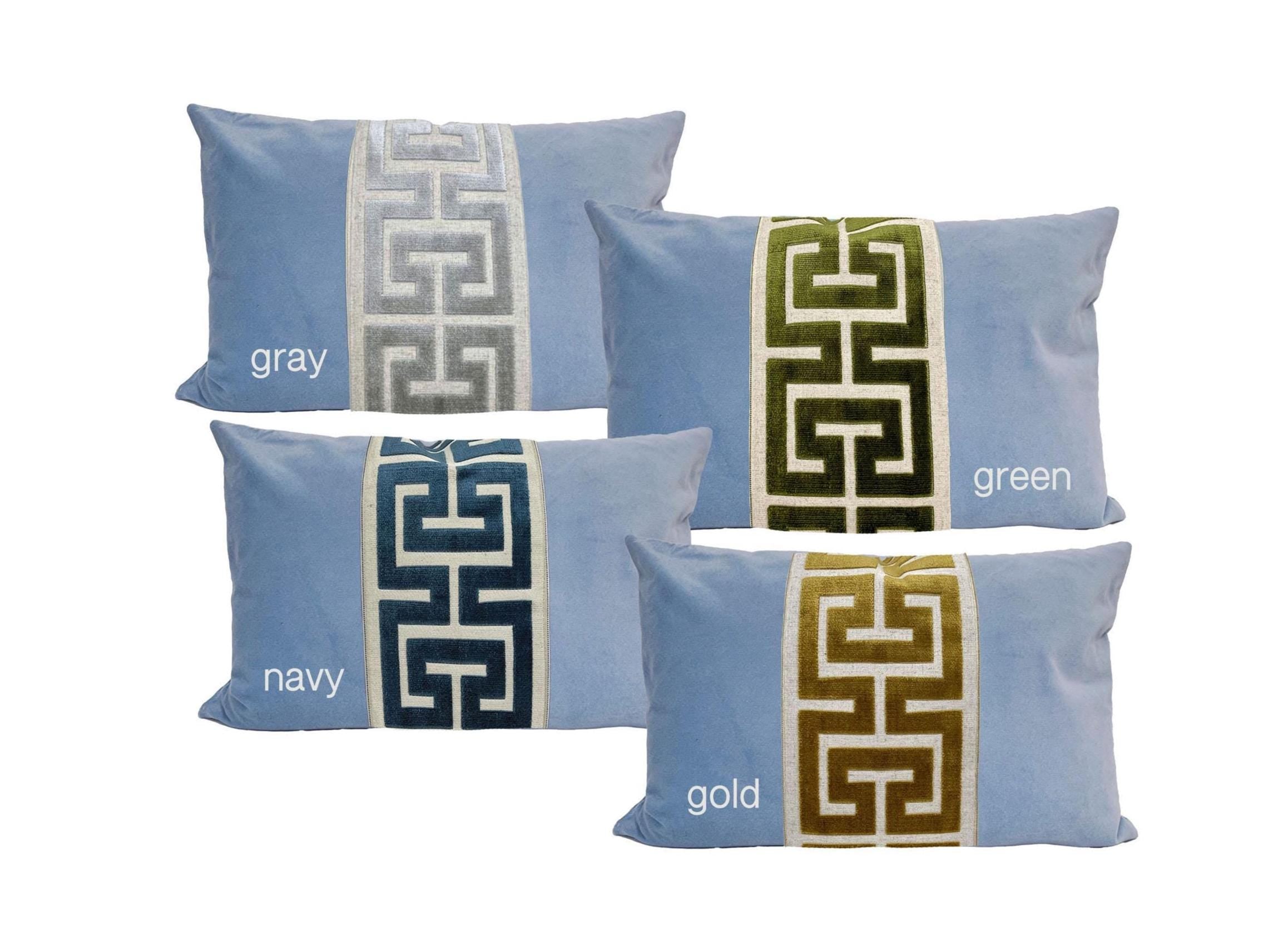 Light Blue Velvet Pillow Cover with Large Greek Key Trim - SELECT TRIM COLOR
