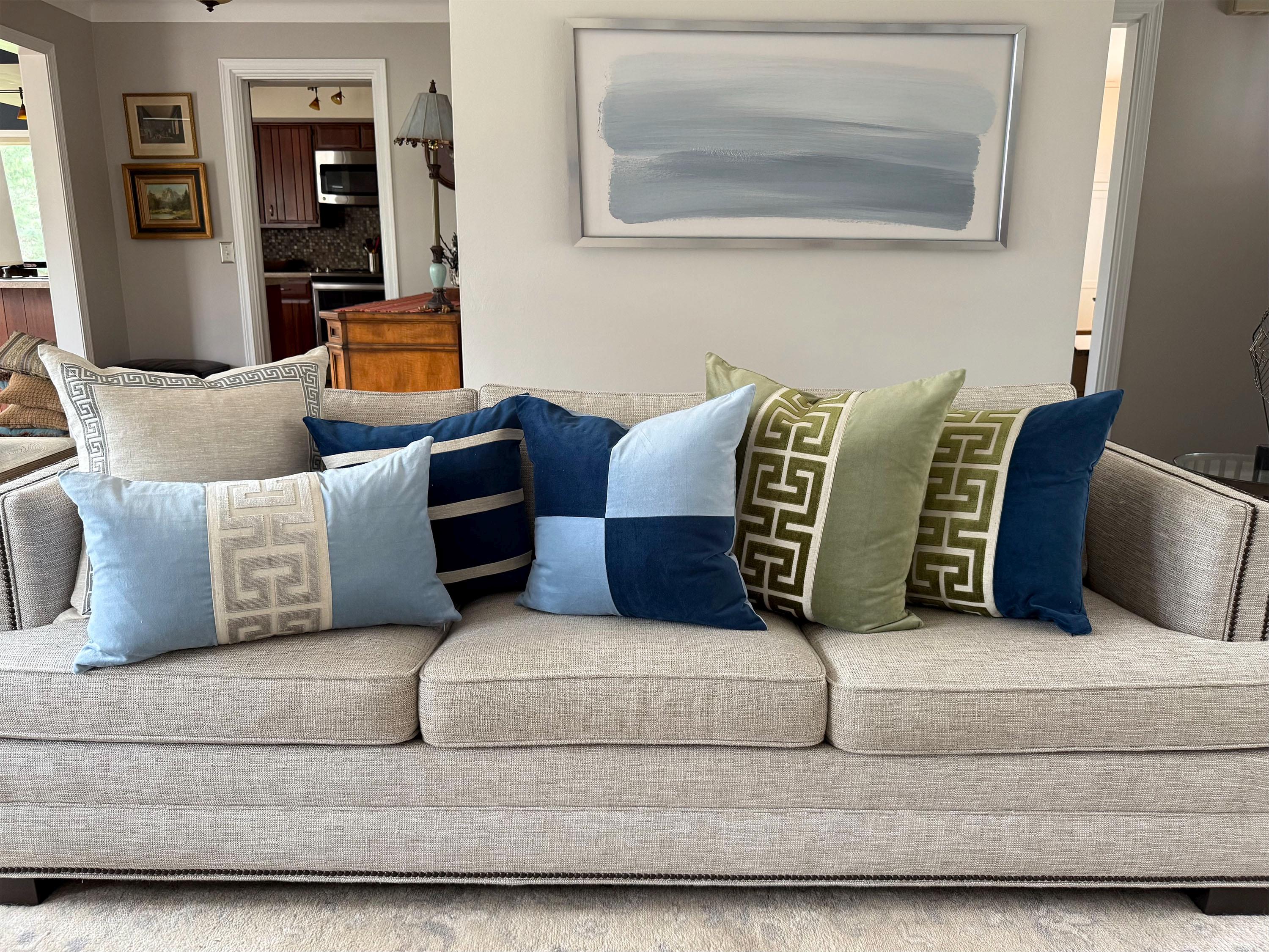 Light Blue Velvet Lumbar Pillow Cover with Large NAVY Greek Key trim