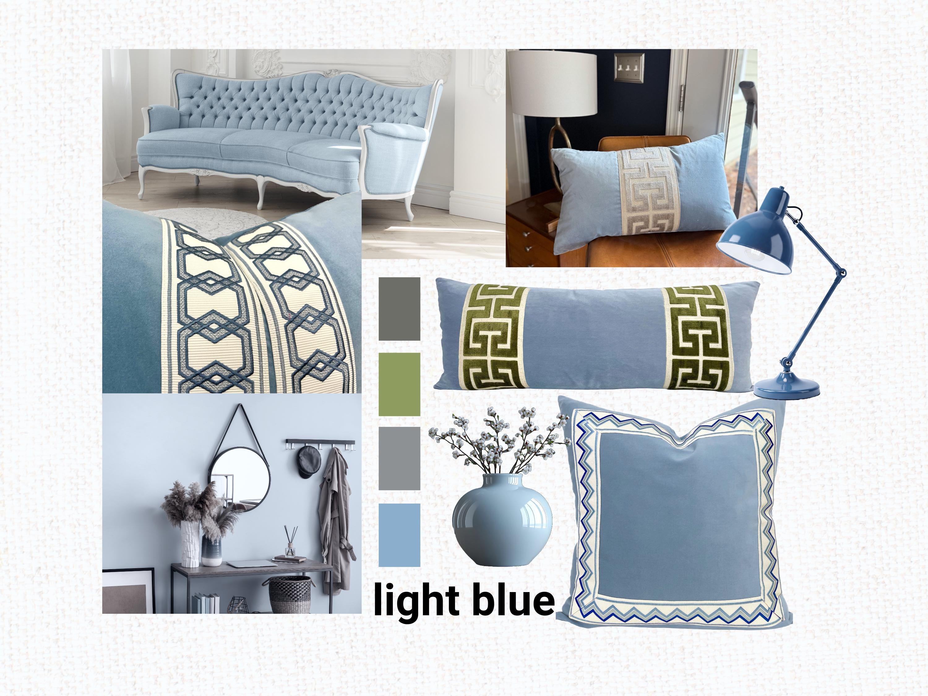 Light Blue Velvet Pillow Cover with Large GREEN Greek Key Trim