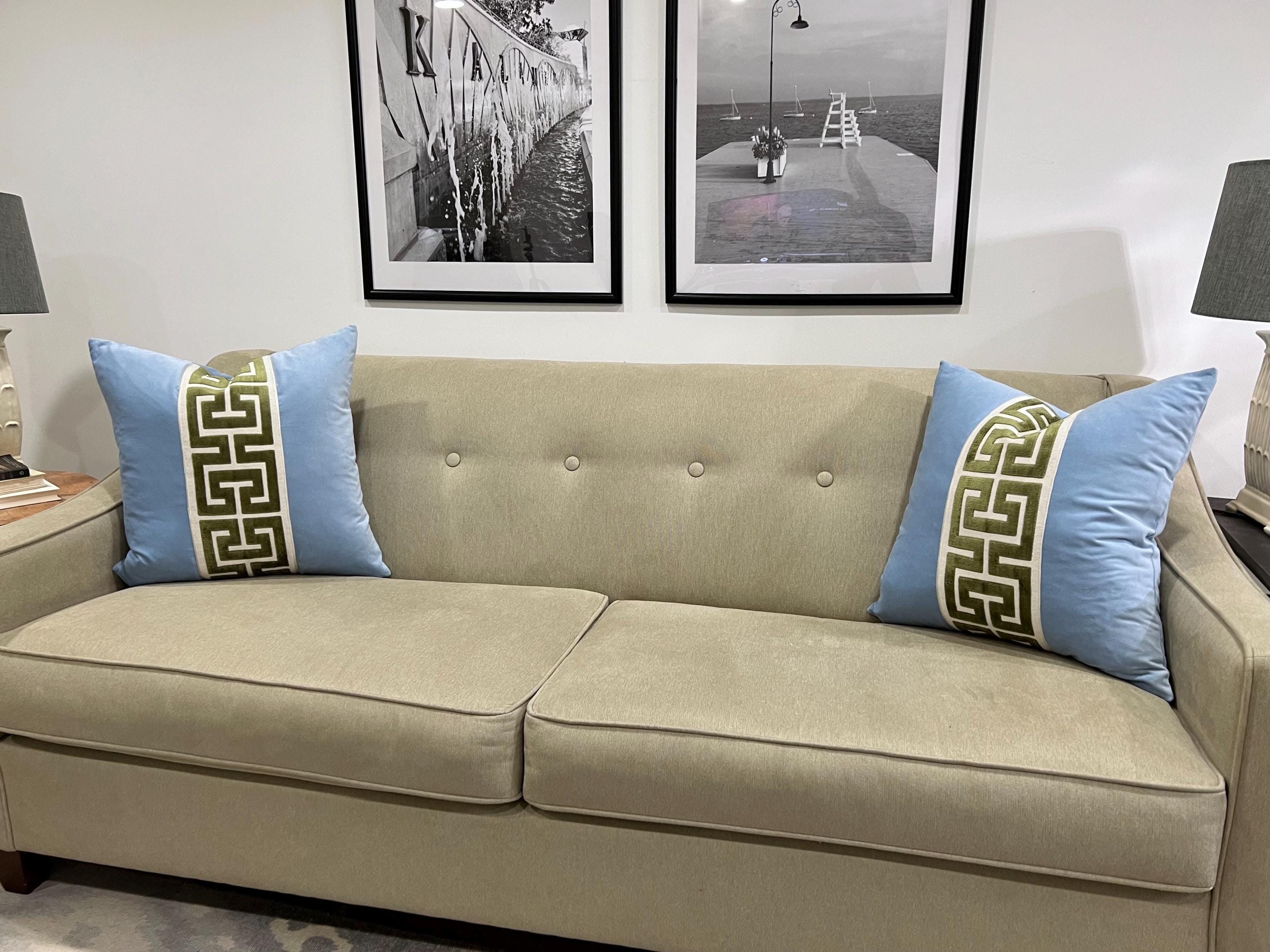 Light Blue Pillow Cover with Large GREEN Greek Key Trim