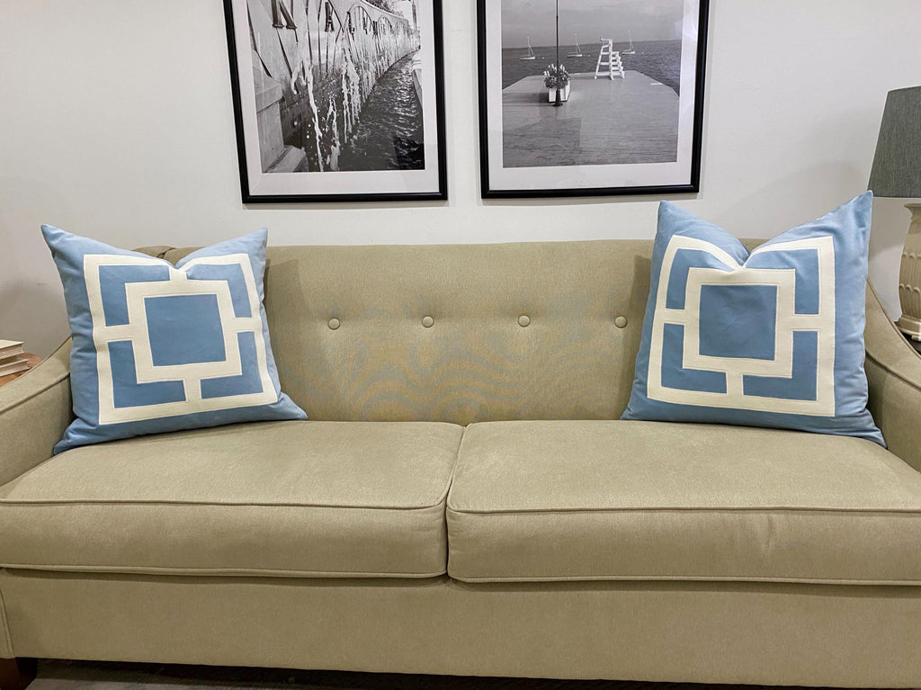 Light Blue Pillow Cover with Off White Appliqué