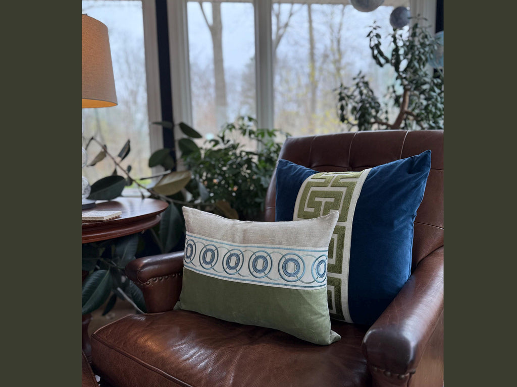 Navy Blue Velvet Lumbar Pillow Cover with Large GREEN Greek Key Trim