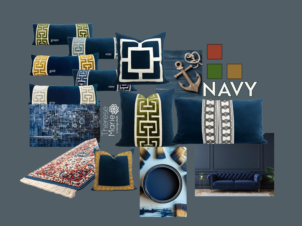 Navy Blue Velvet Lumbar Pillow Cover with Large GREEN Greek Key Trim