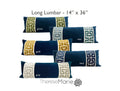 Navy Velvet Long Lumbar Pillow Cover with Large Greek Key Trim - SELECT TRIM COLOR