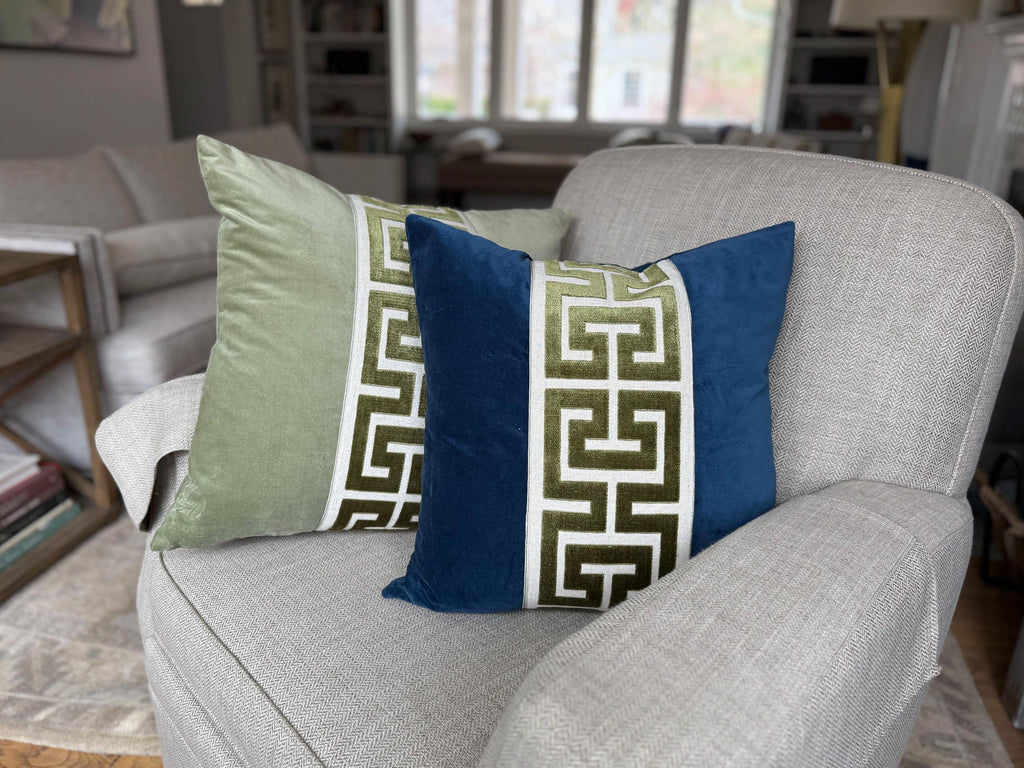 Navy Blue Velvet Lumbar Pillow Cover with Large GOLD Greek Key Trim