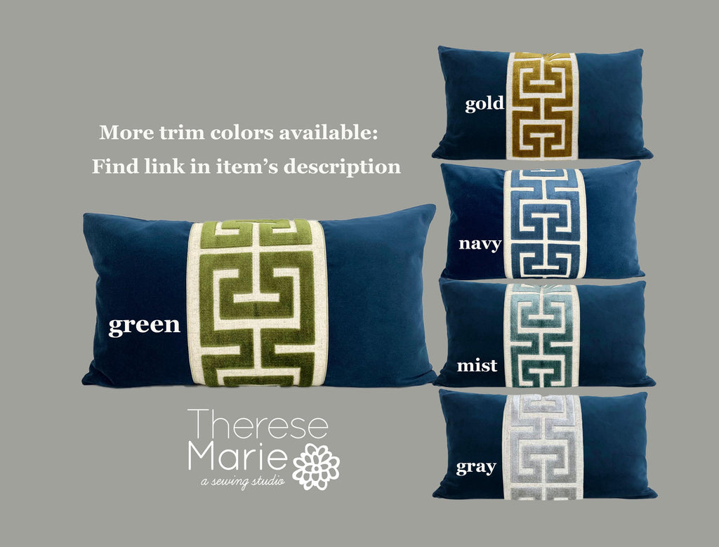 Navy Blue Velvet Lumbar Pillow Cover with Large NAVY Greek Key Trim