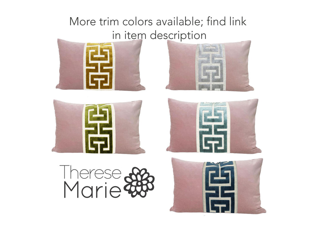 Light Pink Velvet Lumbar Pillow Cover with Large GREEN Greek Key Trim