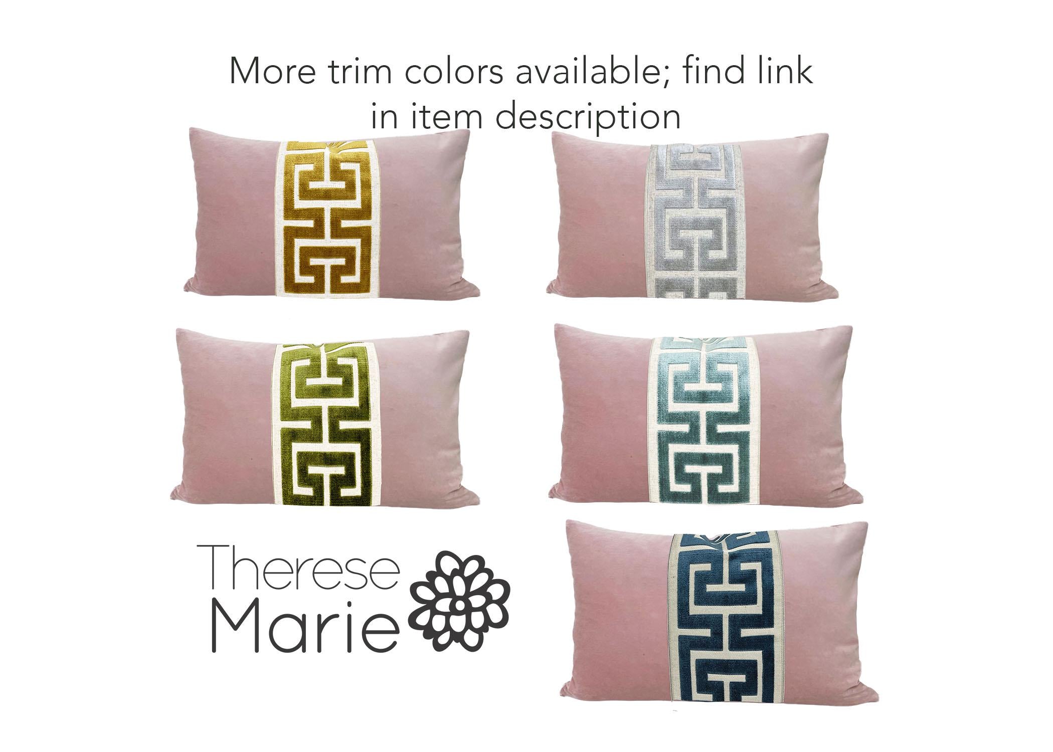 Light Pink Velvet Lumbar Pillow Cover with Large GREEN Greek Key Trim