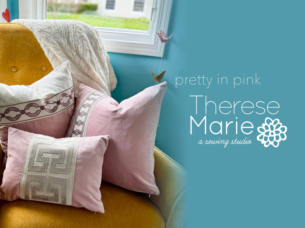 Light Pink Velvet Lumbar Pillow Cover with Large GREEN Greek Key Trim