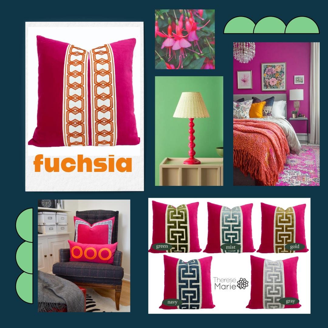 Fuchsia Pink Velvet Lumbar Pillow Cover with Large NAVY  Greek Key Trim
