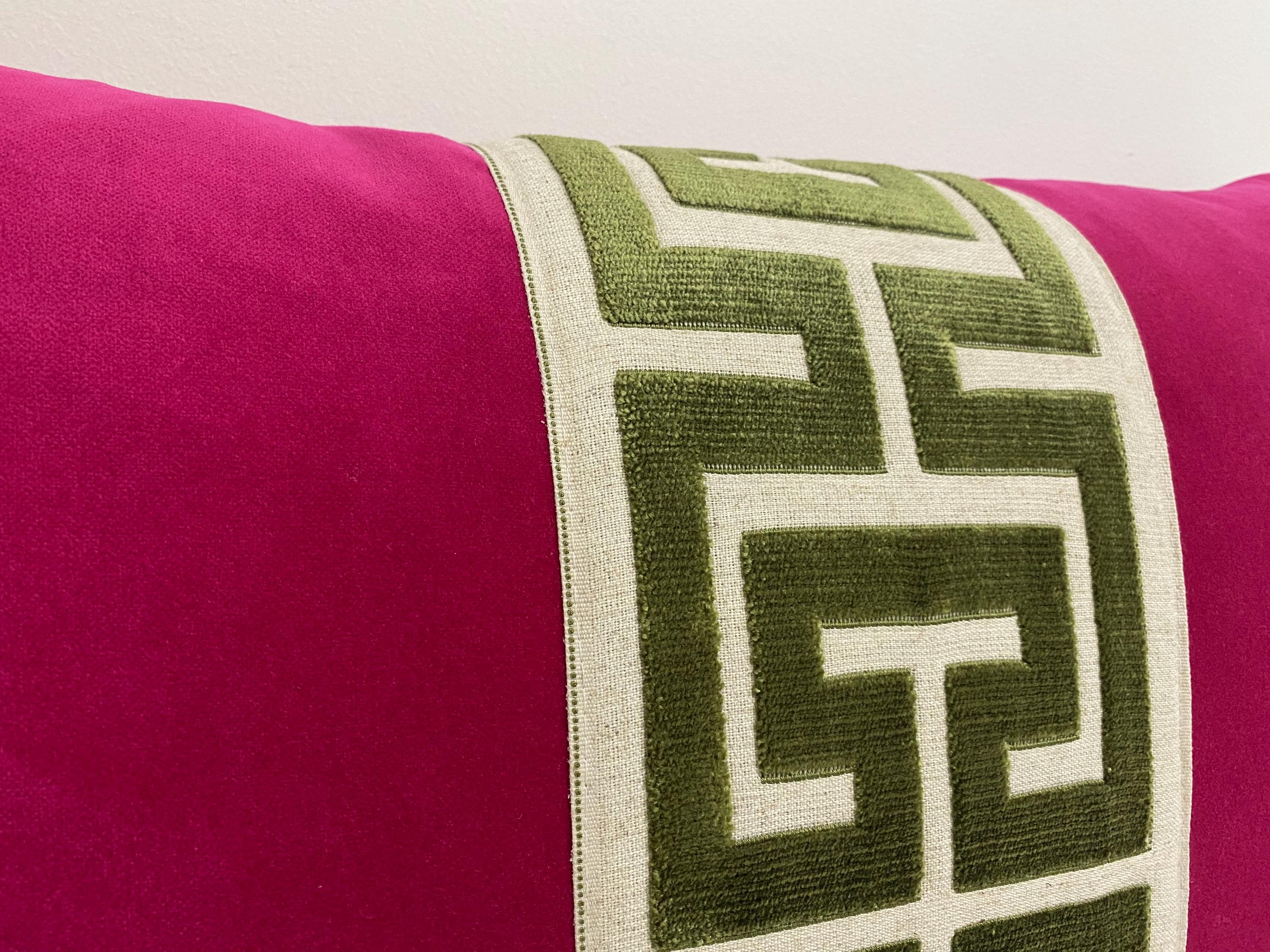 Fuchsia Pink Velvet Pillow Cover with Large GREEN Greek Key Trim