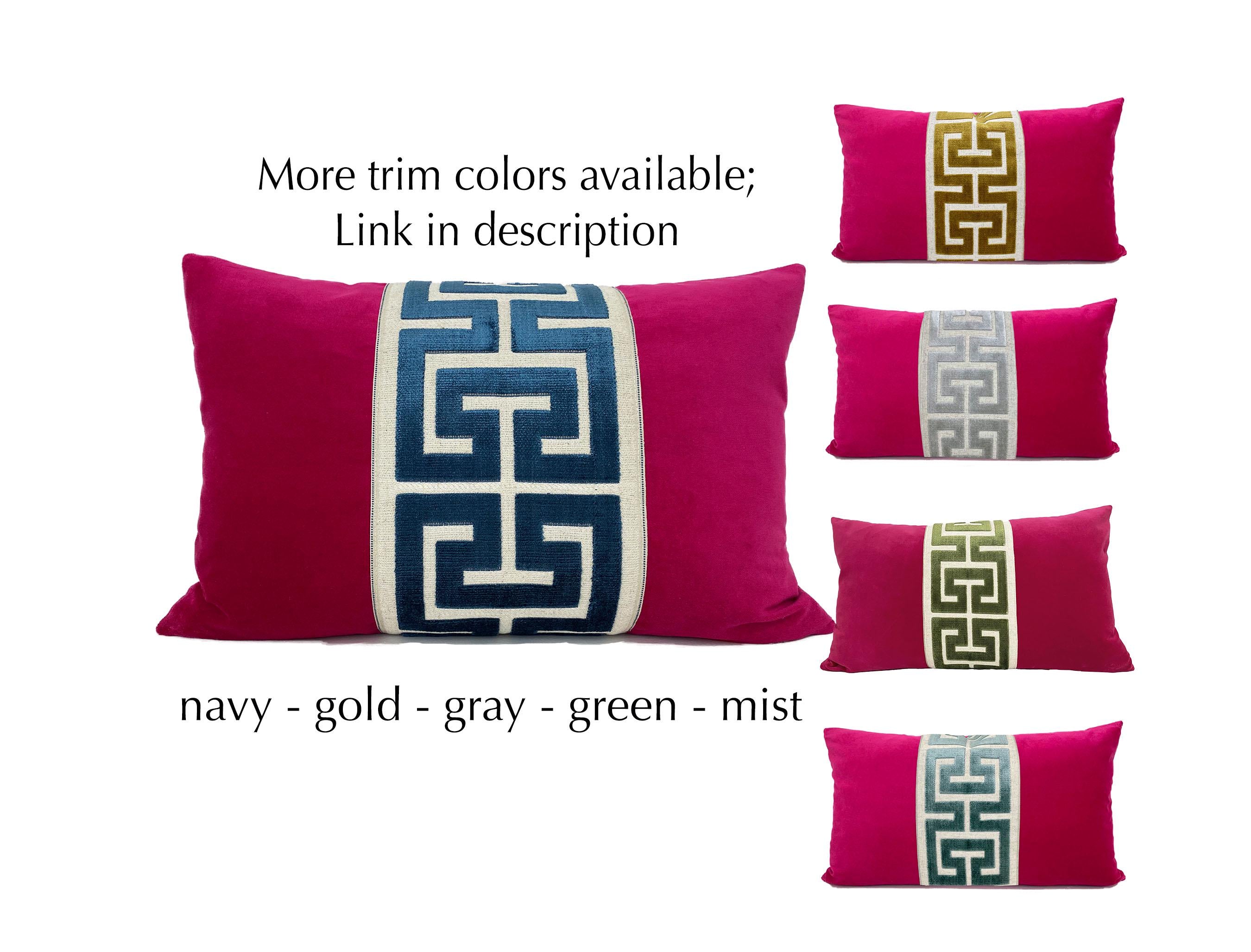 Fuchsia Pink Velvet Lumbar Pillow Cover with Large MIST Greek Key Trim