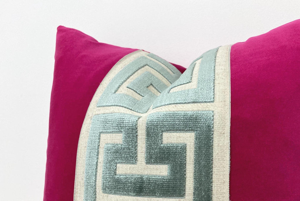 Fuchsia Pink Velvet Lumbar Pillow Cover with Large MIST Greek Key Trim