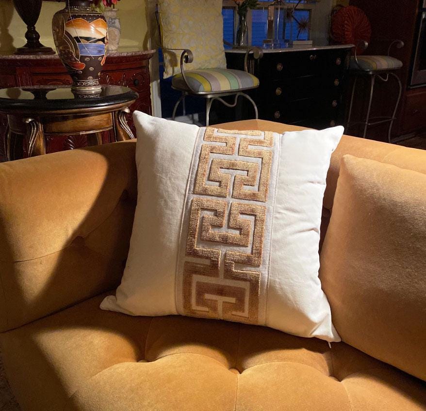 Off White Velvet Lumbar Pillow Cover with Large GOLD Greek Key Trim