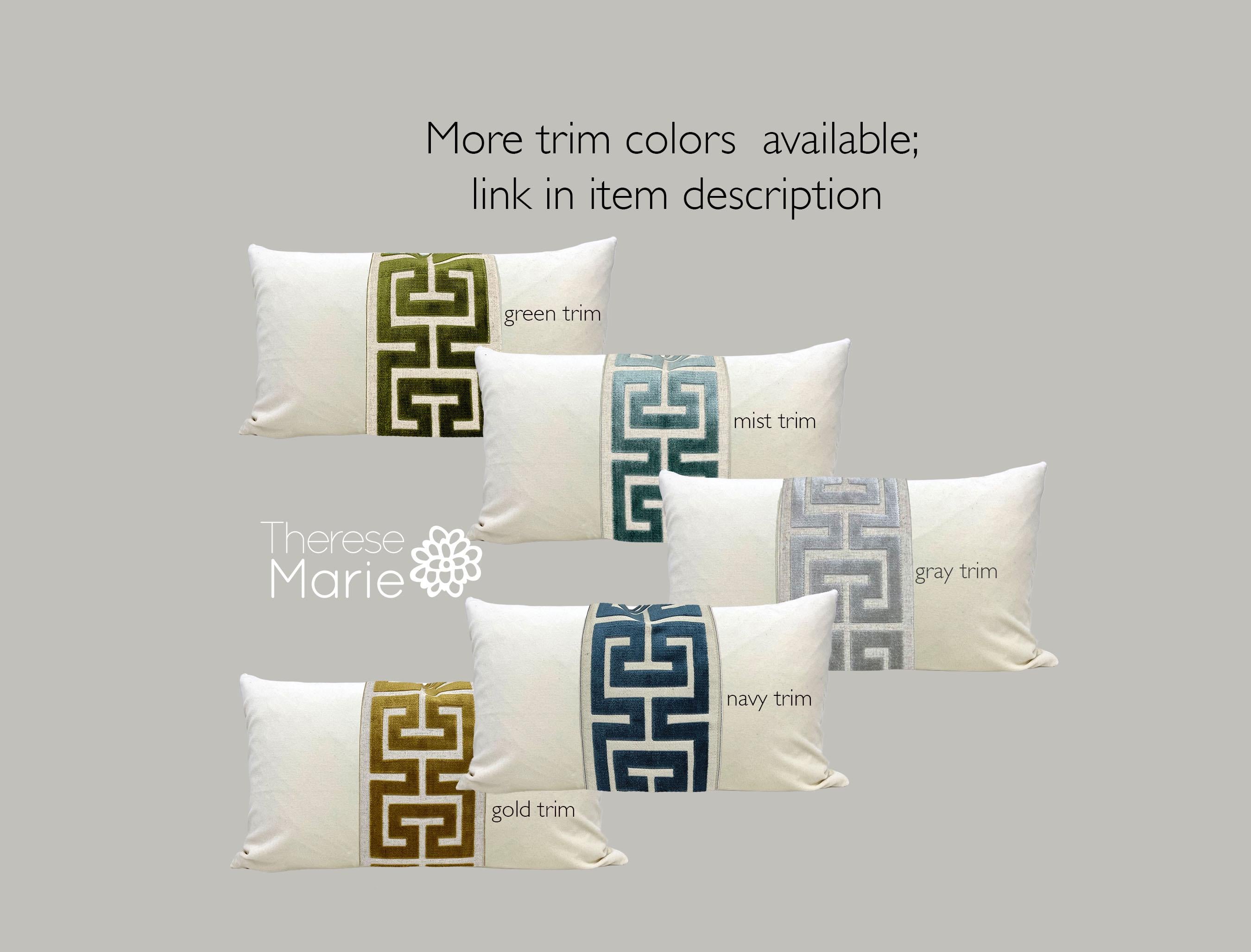 Off White Velvet Lumbar Pillow Cover with Large NAVY Greek Key Trim