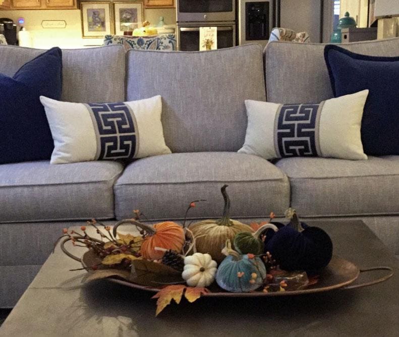 Off White Velvet Lumbar Pillow Cover with Large NAVY Greek Key Trim