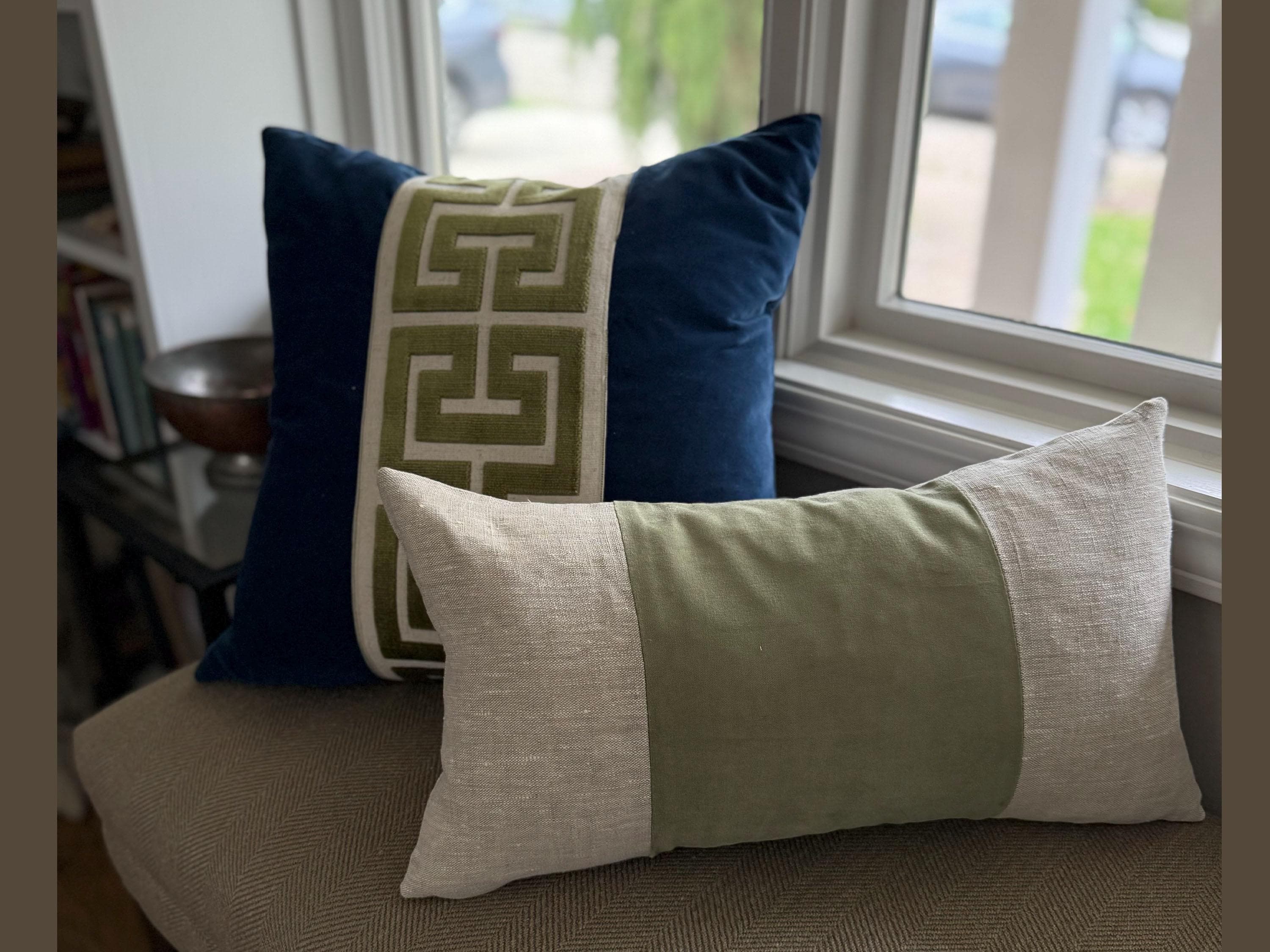 Sage Green Velvet Pillow Cover: Geometric Appliqué Lumbar Pillow
