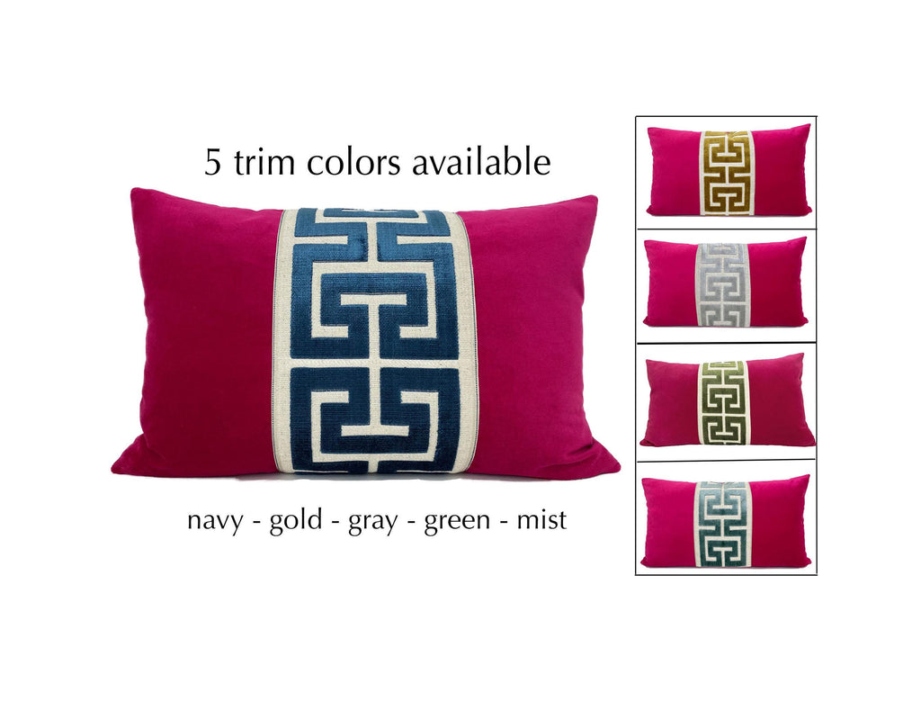 Fuchsia Pink Velvet Pillow Cover with Large Greek Key Trim - SELECT TRIM COLOR
