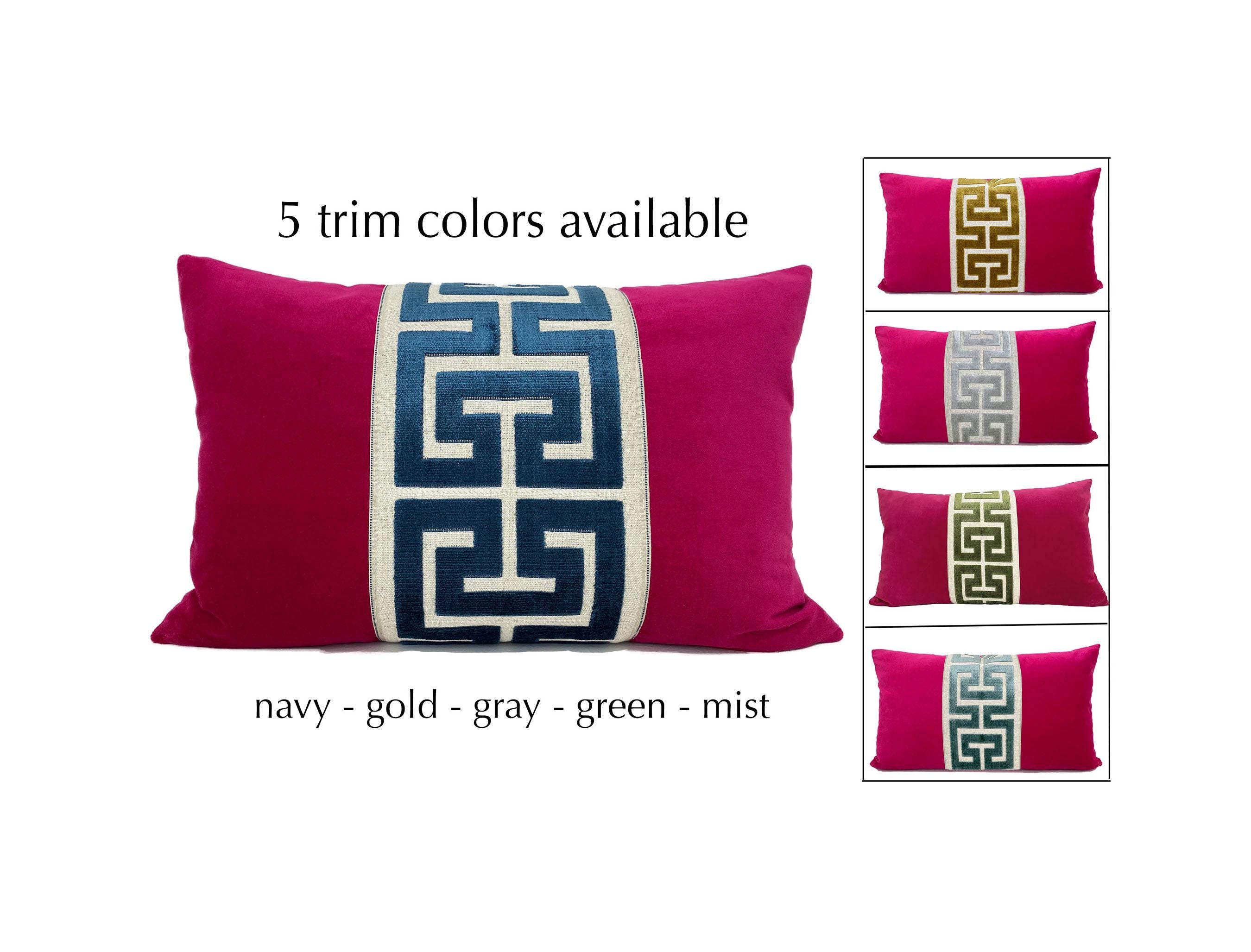 Fuchsia Pink Velvet Pillow Cover with Large Greek Key Trim - SELECT TRIM COLOR