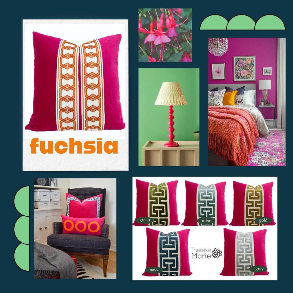 Fuchsia Pink Velvet Pillow Cover with Large Greek Key Trim - SELECT TRIM COLOR