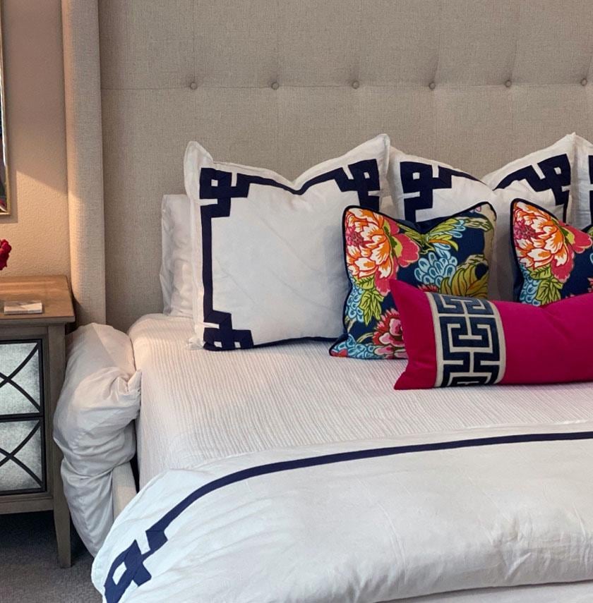 Fuchsia Pink Velvet Lumbar Pillow Cover with Large NAVY  Greek Key Trim