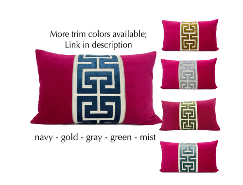 Fuchsia Pink Velvet Lumbar Pillow Cover with Large NAVY  Greek Key Trim