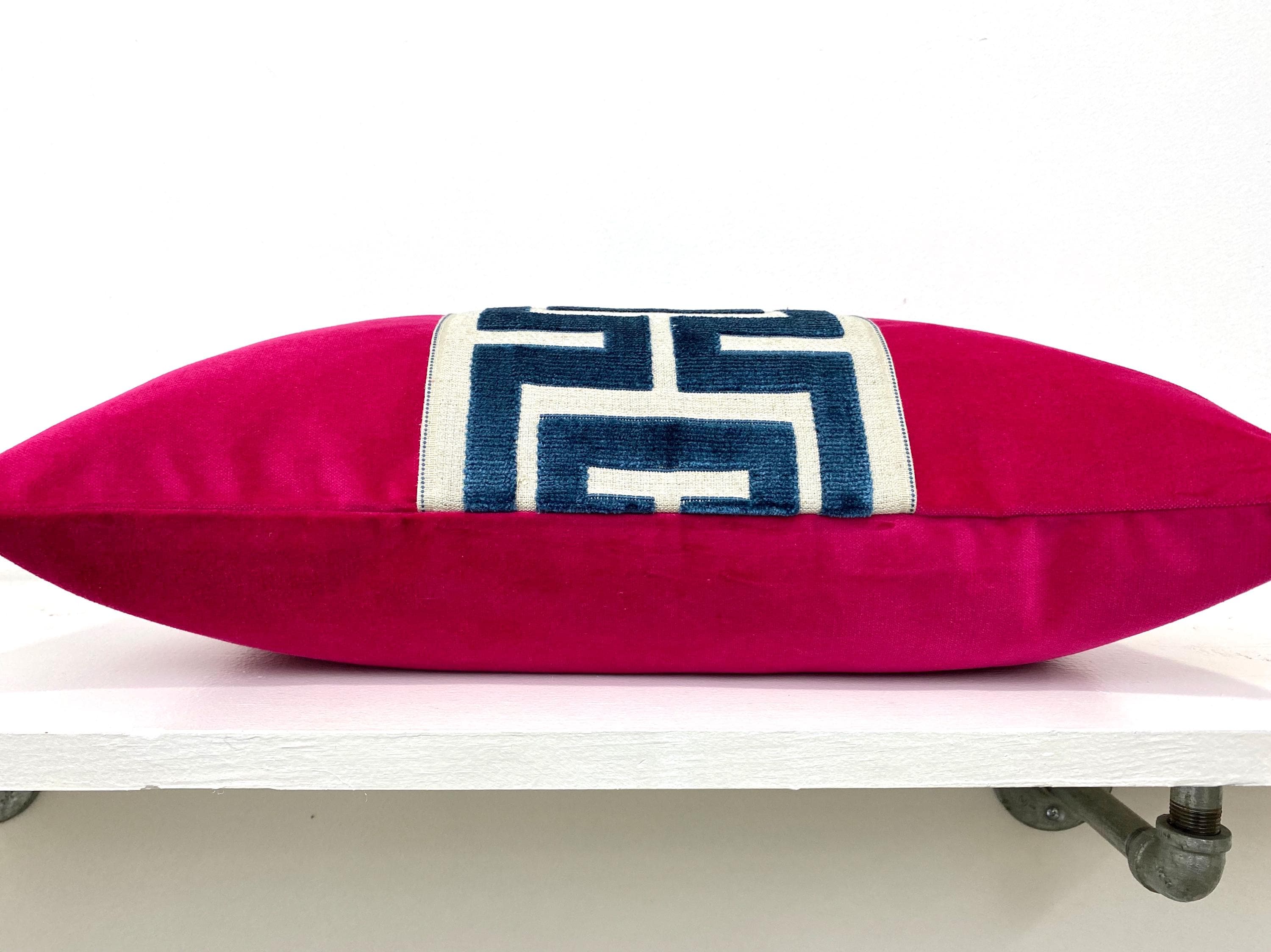 Fuchsia Pink Velvet Lumbar Pillow Cover with Large NAVY  Greek Key Trim