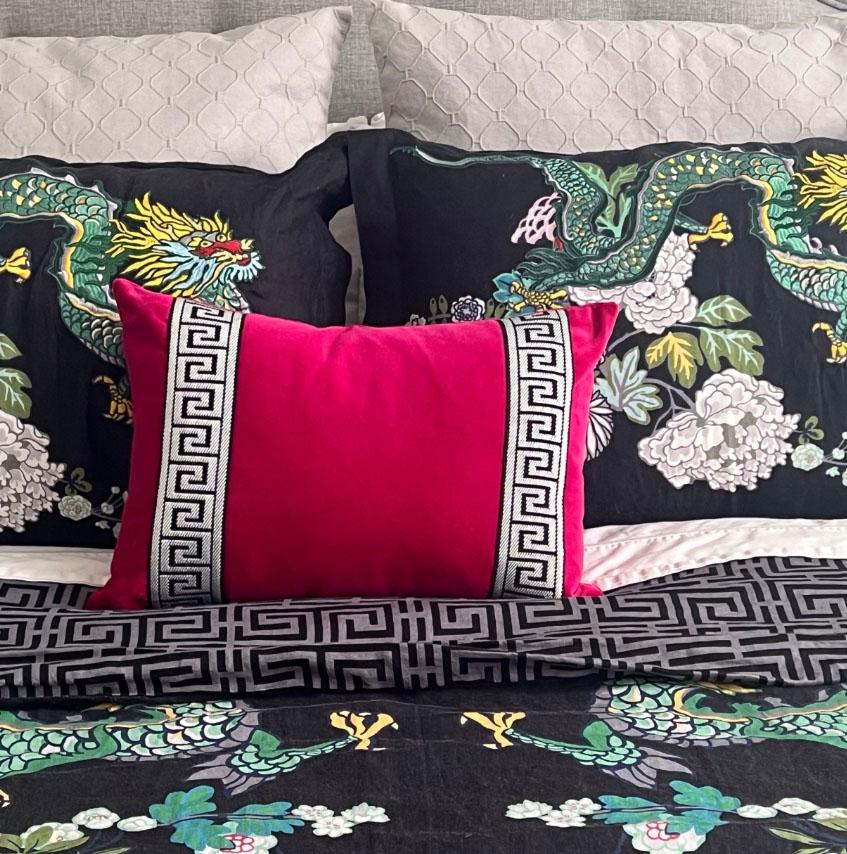 Fuchsia Velvet Pillow Cover: Geometric Linen Applique