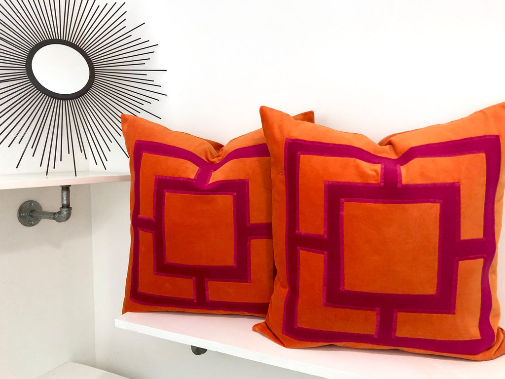Fuchsia Pillow Cover - Pink Velvet Pillow Cover with Rectangular Orange Velvet Appliqué