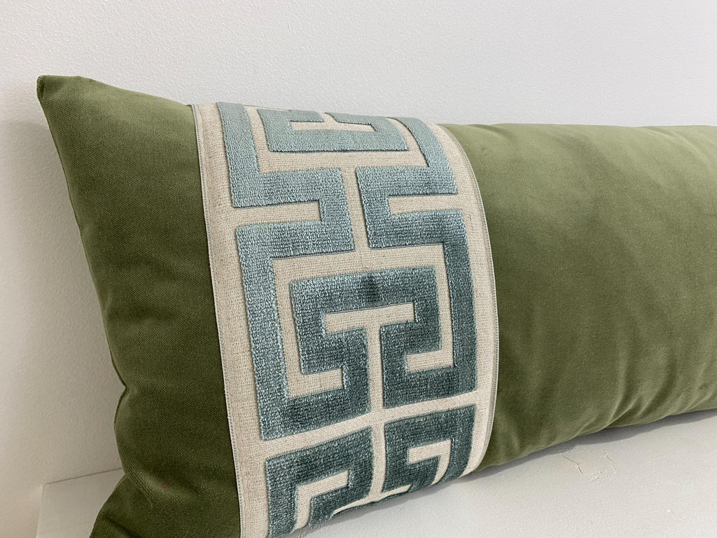 Sage Green Velvet Lumbar Pillow Cover with Large MIST Greek Key Trim