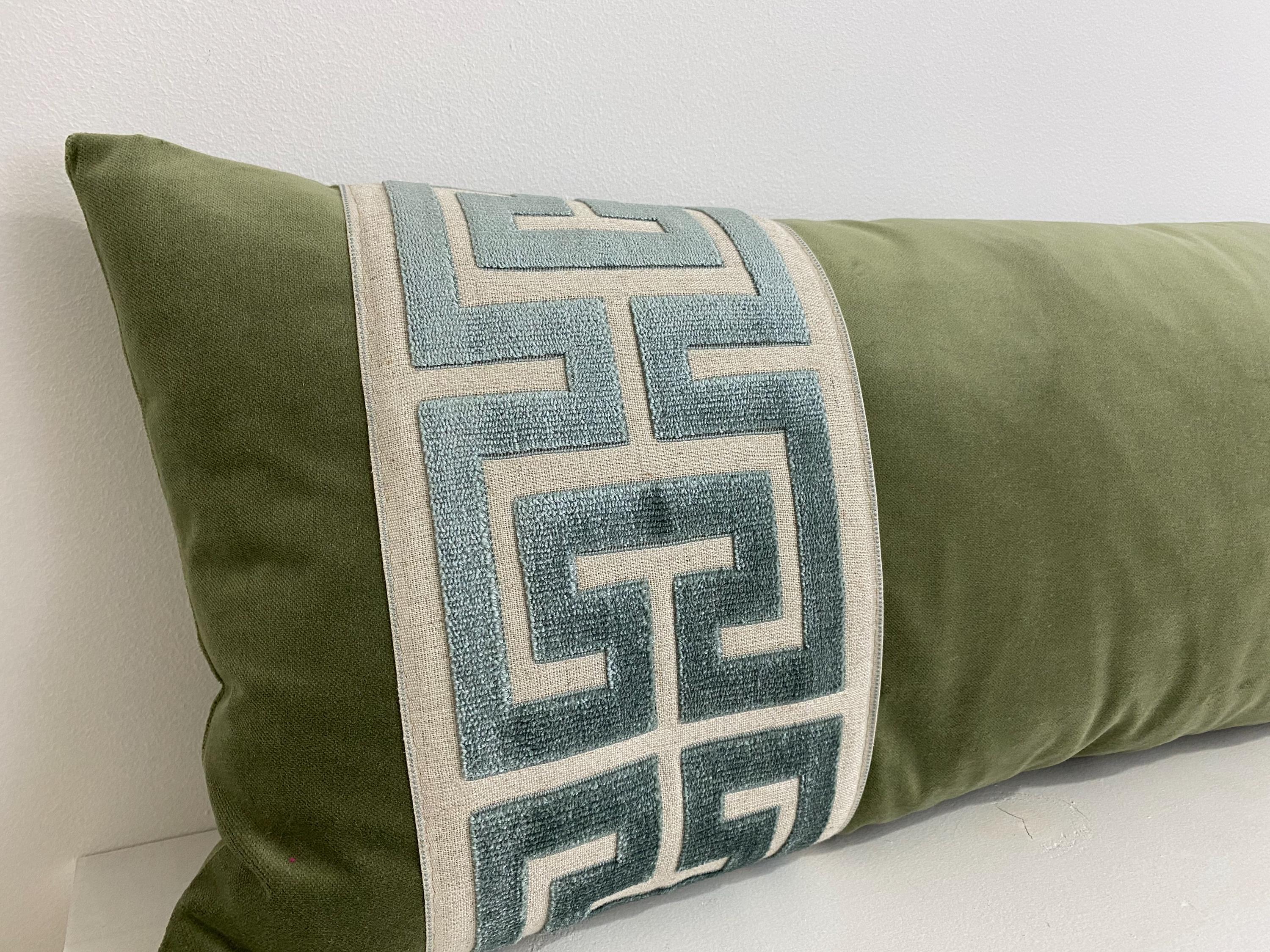 Sage Green Velvet Lumbar Pillow Cover with Large MIST Greek Key Trim