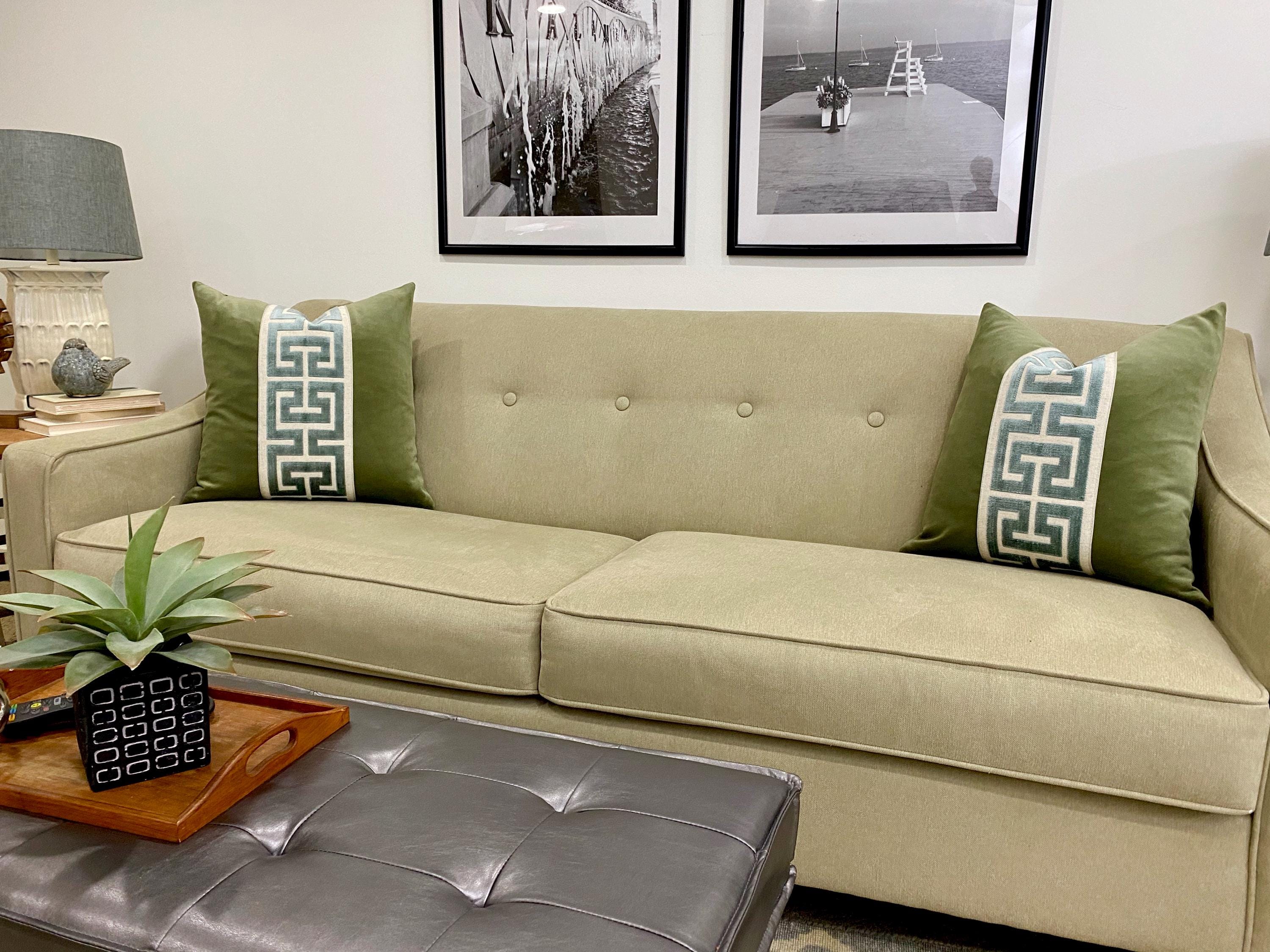 Sage Green Velvet Lumbar Pillow Cover with Large MIST Greek Key Trim