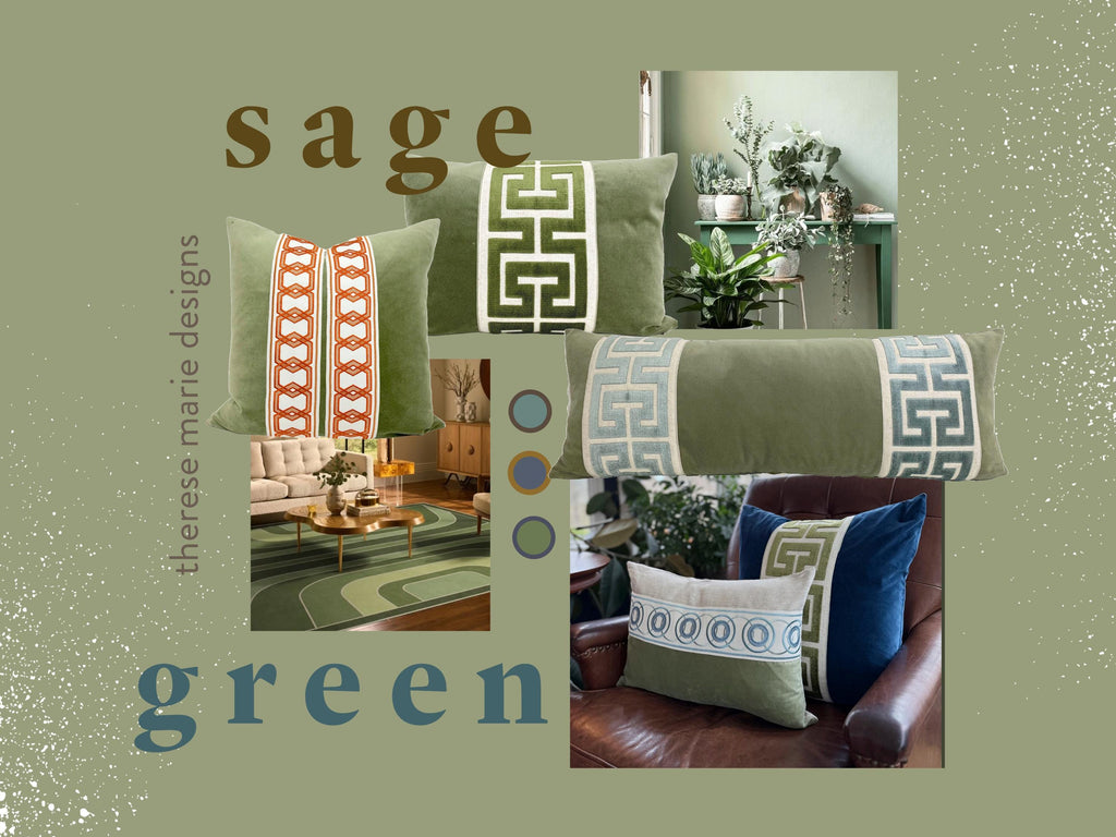 Sage Green Velvet Lumbar Pillow Cover with Large GOLD Greek Key Trim