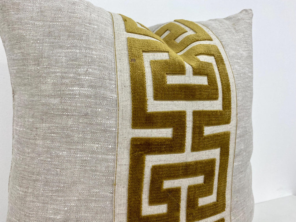 Sage Green Velvet Lumbar Pillow Cover with Large GOLD Greek Key Trim