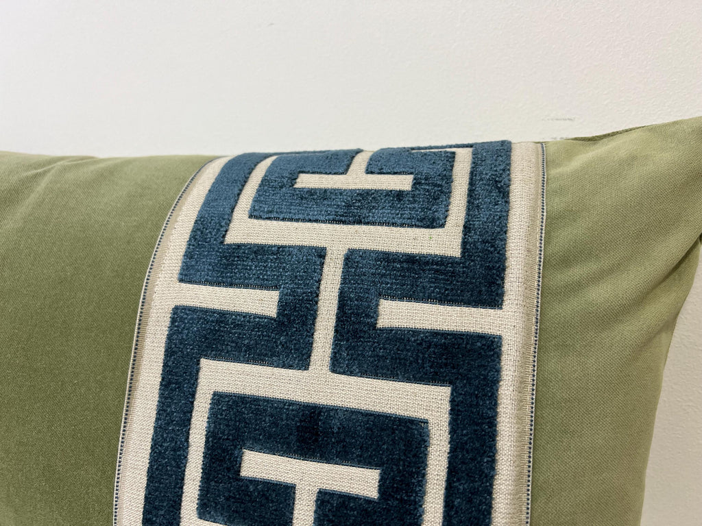 Sage Green Velvet Lumbar Pillow Cover with Large NAVY Greek Key Trim