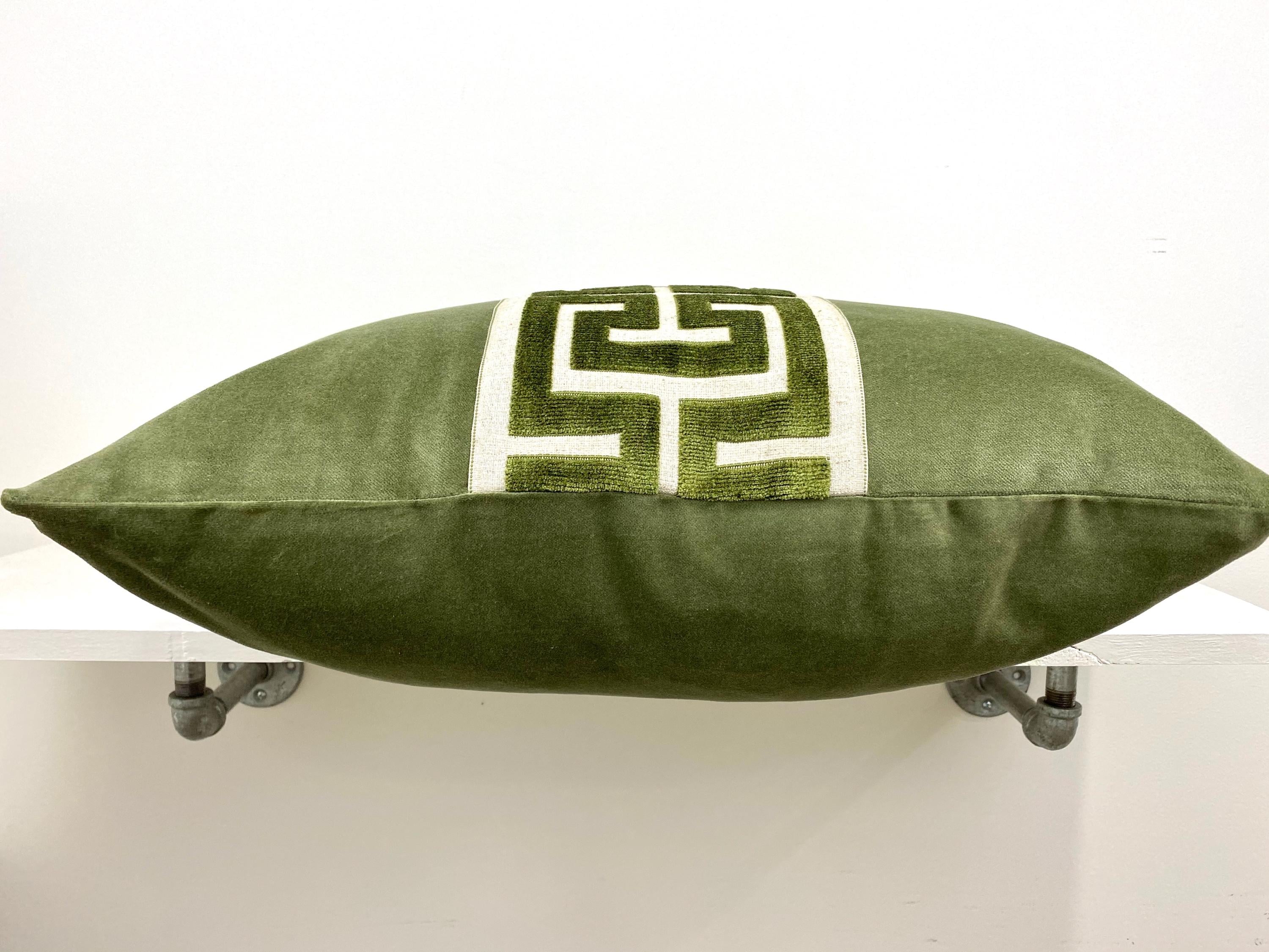 Sage Green Velvet Lumbar Pillow Cover with Large GREEN Greek Key Trim