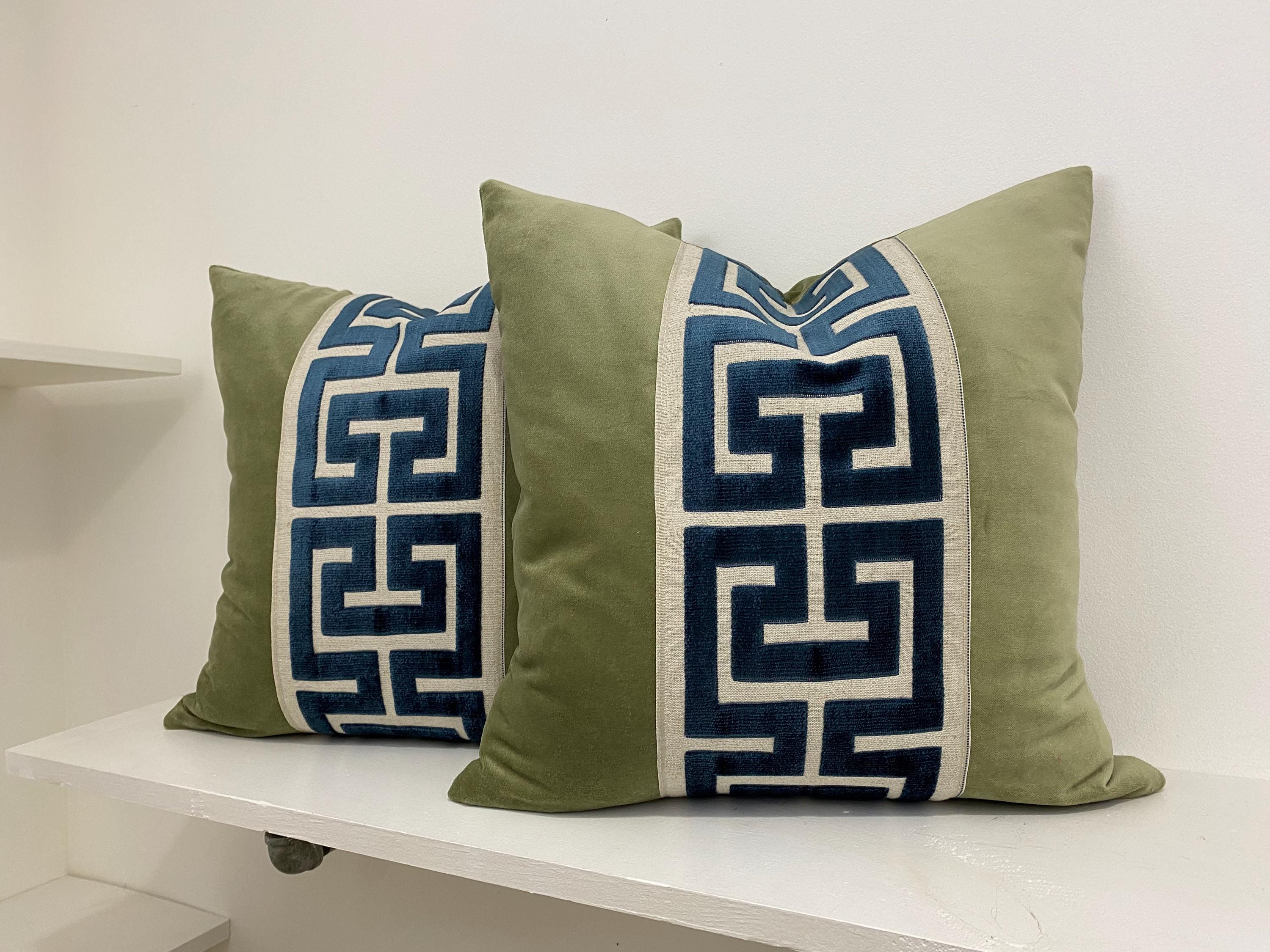 Sage Green Velvet Lumbar Pillow Cover with Large NAVY Greek Key Trim