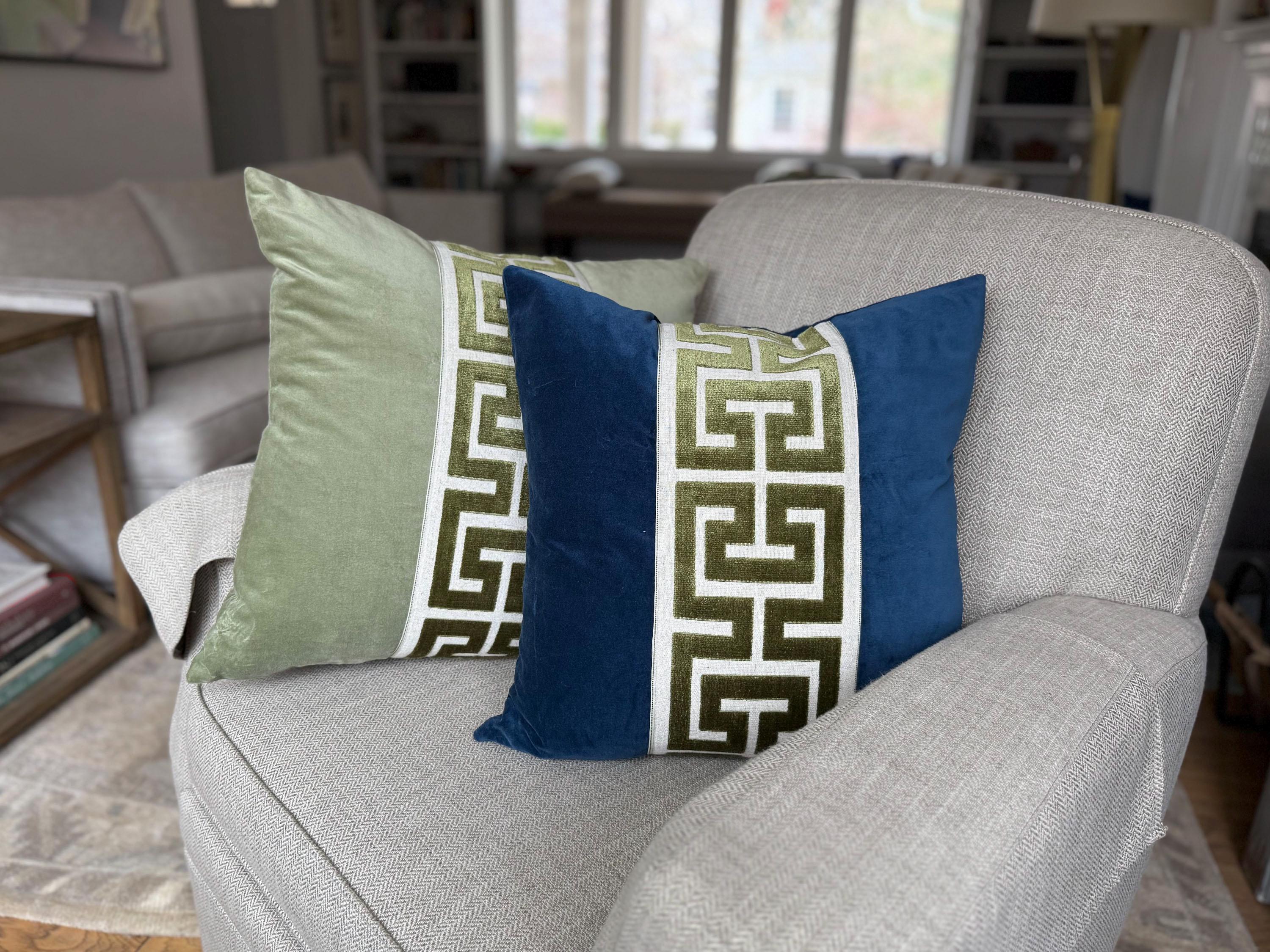 Sage Green Velvet Lumbar Pillow Cover with Large GREEN Greek Key Trim