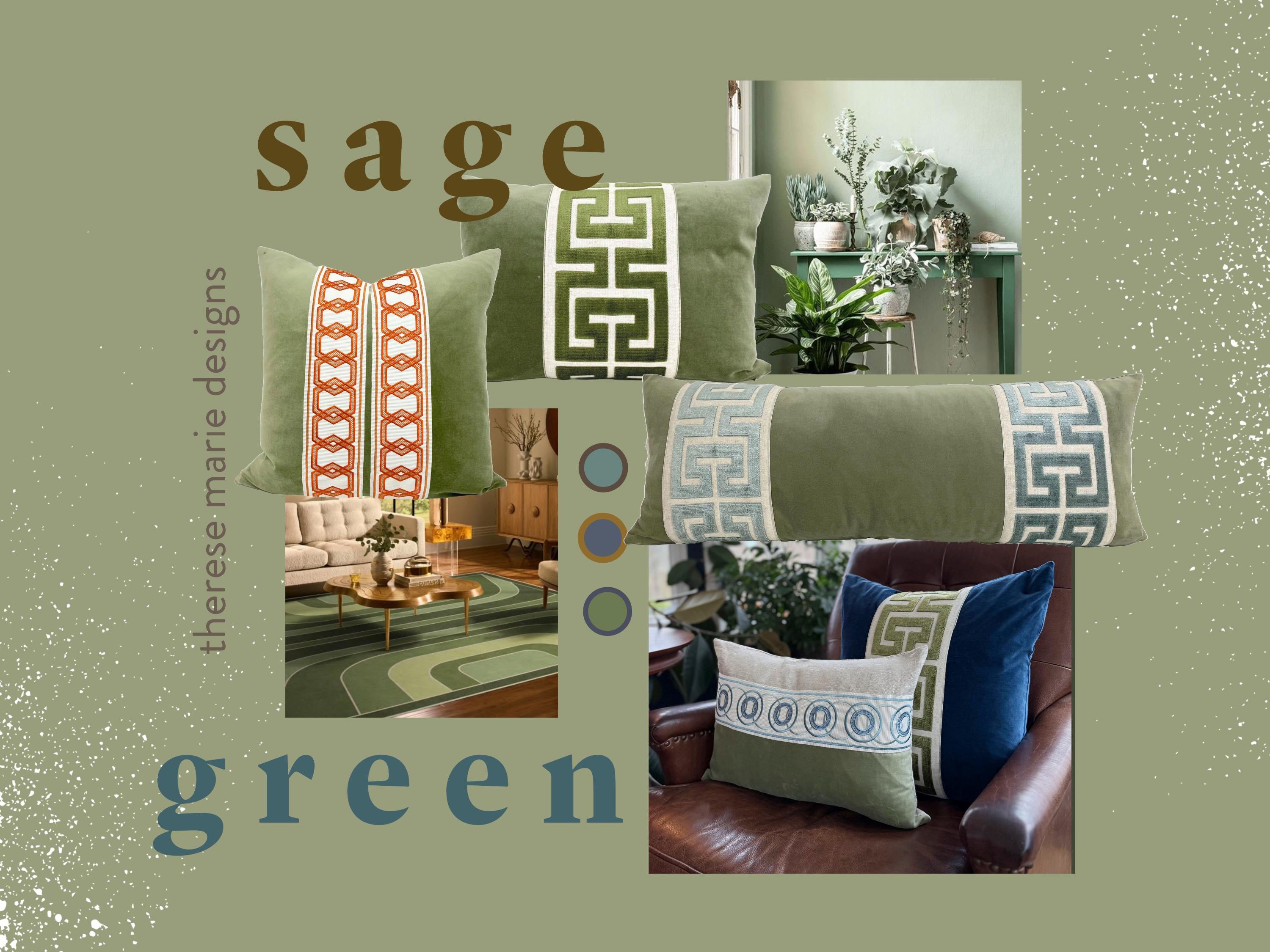 Sage Green Velvet Lumbar Pillow Cover with Large GREEN Greek Key Trim